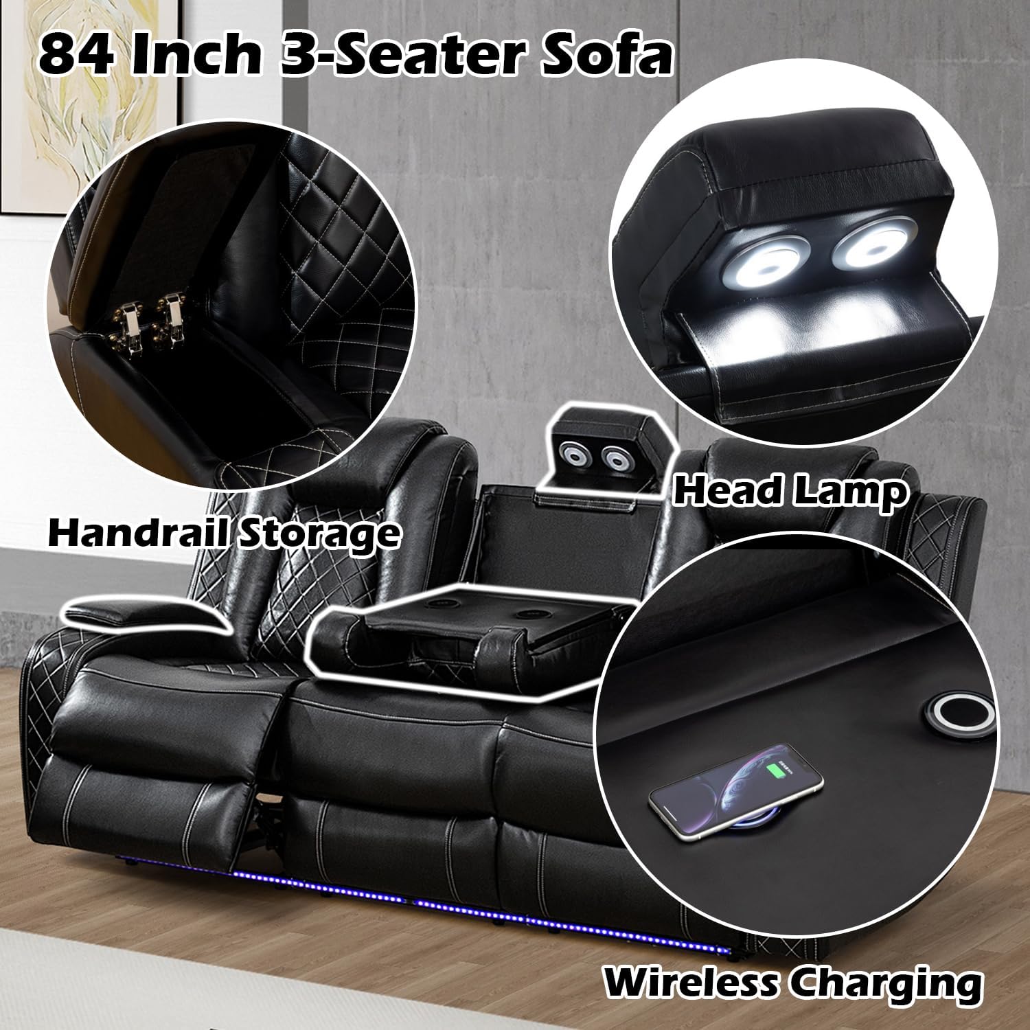 Alternative view of SIENWIEY Leather Power Recliner Sofa Set with LED Light，Living Room Furniture Set, Leather Reclining Sofa Set with USB Port Storage Armrest(3 Seats Sofa, Black)
