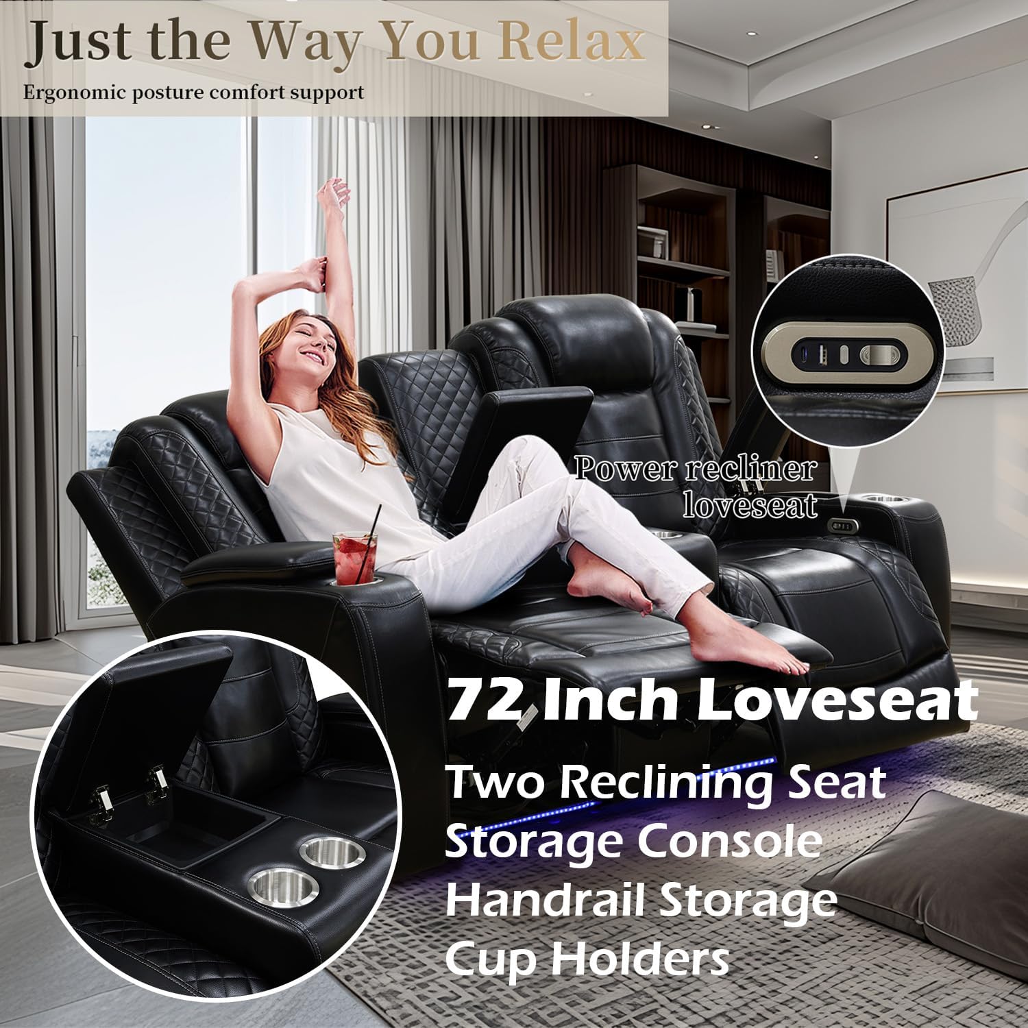 Alternative view of SIENWIEY Power Recliner Sofa Set with LED Lights for Living Room Furniture Set, Black Leather Reclining Couch Set, Recliner Couch with USB Port and Cup Holders, Loveseat and Chair