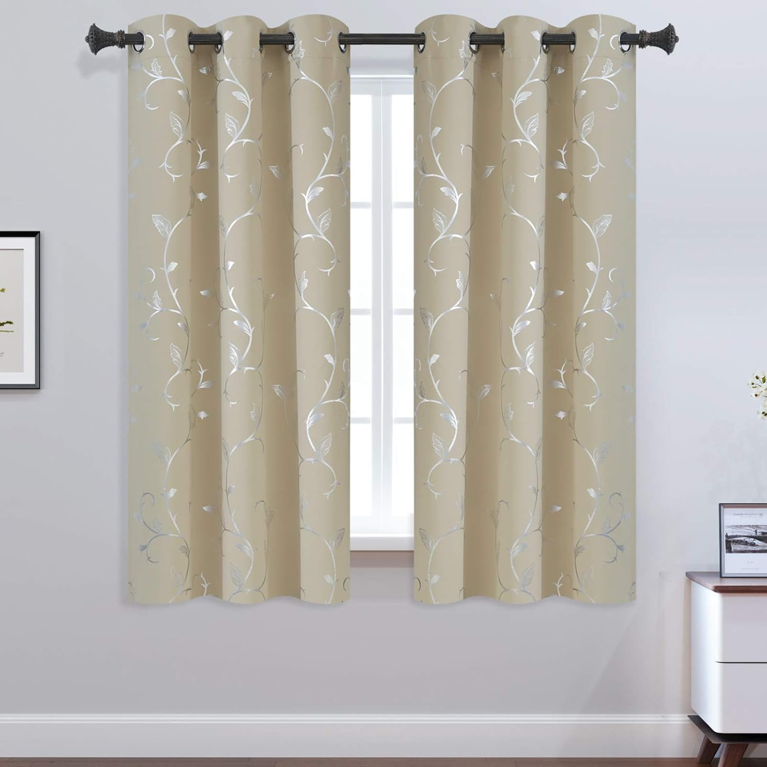 BUHUA Small Window Blackout Curtains Bedroom Darkening Curtain Pairs Silver Floral Print Blackout Curtains for Kitchen 38W×45L Beige2 Panels