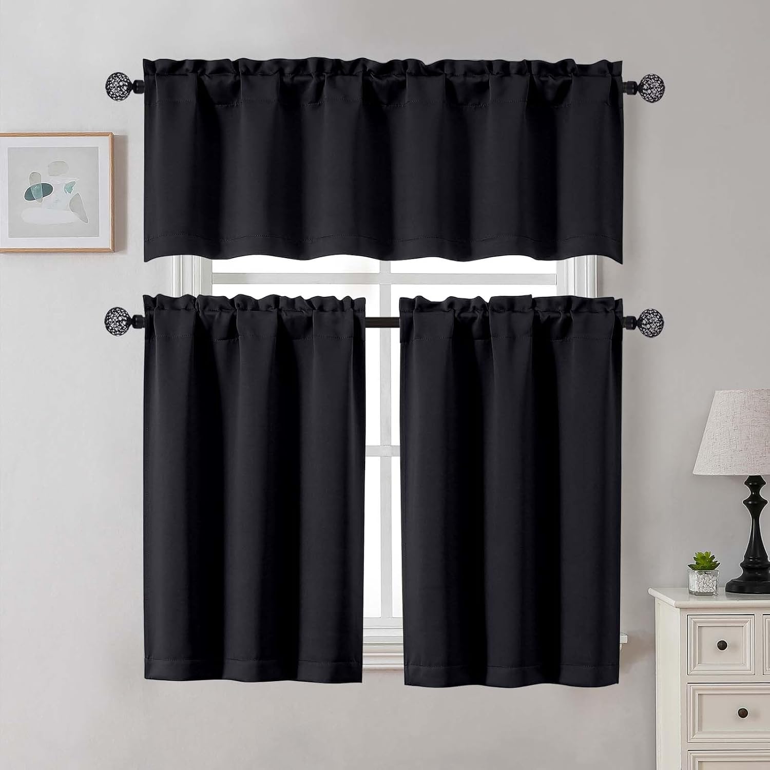 Gwine 24 Inch Long Tier Curtains for Small Window, Short Blackout Kitchen Curtains Over Sink, Half Window Drapes for Bedroom Bathroom Basement, 2 PCS, Each 30" Wx24 L, Black