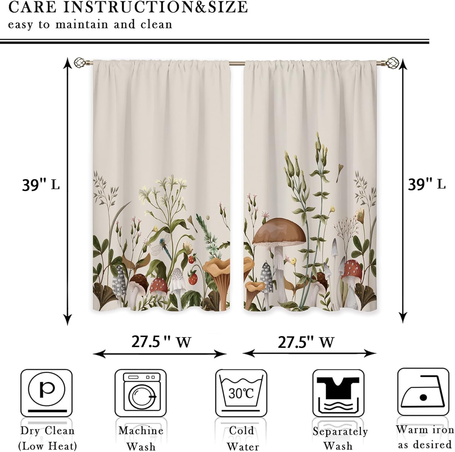 oolygoo Vintage Mushroom Small Kitchen Curtains Leaves Botanical Window Treatment Rustic Mushroom Cafe Short Window Curtains for Bathroom Dining Laundry Room Beige Tier Treatment Drapes 27.5x39 inch
