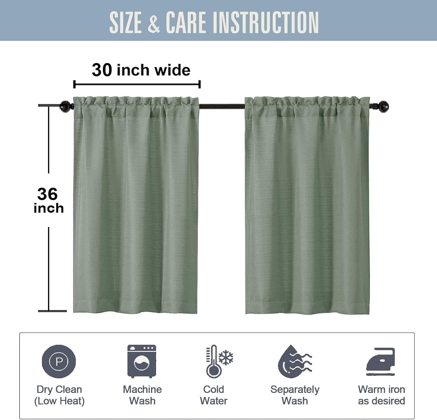 WelvetBLK Sage Green Kitchen Curtains Tier 36 Inch Length 2 Panels, Faux Linen Textured Light Filtering Short Curtains Drapes for Bathroom Basement Half Window, Rod Pocket Design, Each 30Wx36L Inch