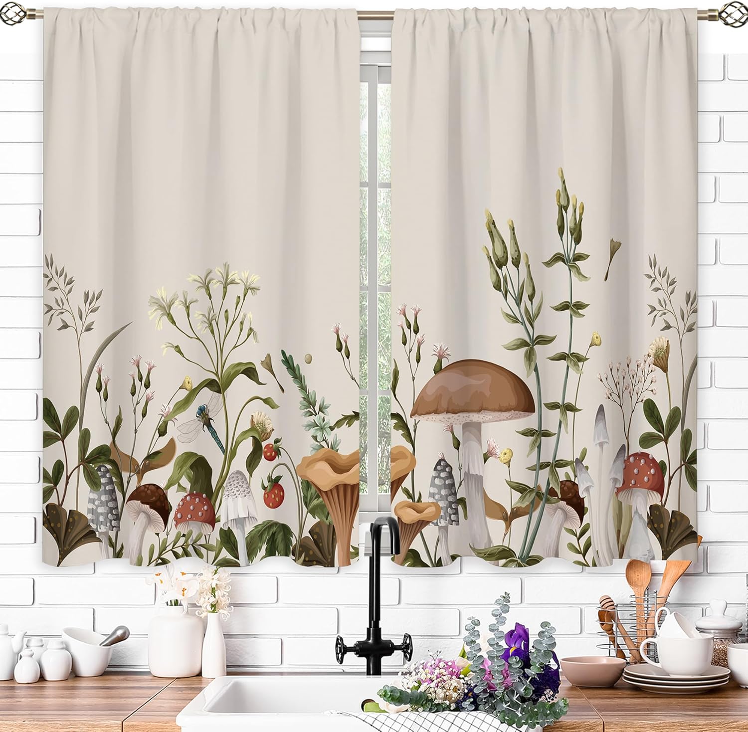 Alternative view of oolygoo Vintage Mushroom Small Kitchen Curtains Leaves Botanical Window Treatment Rustic Mushroom Cafe Short Window Curtains for Bathroom Dining Laundry Room Beige Tier Treatment Drapes 27.5x39 inch