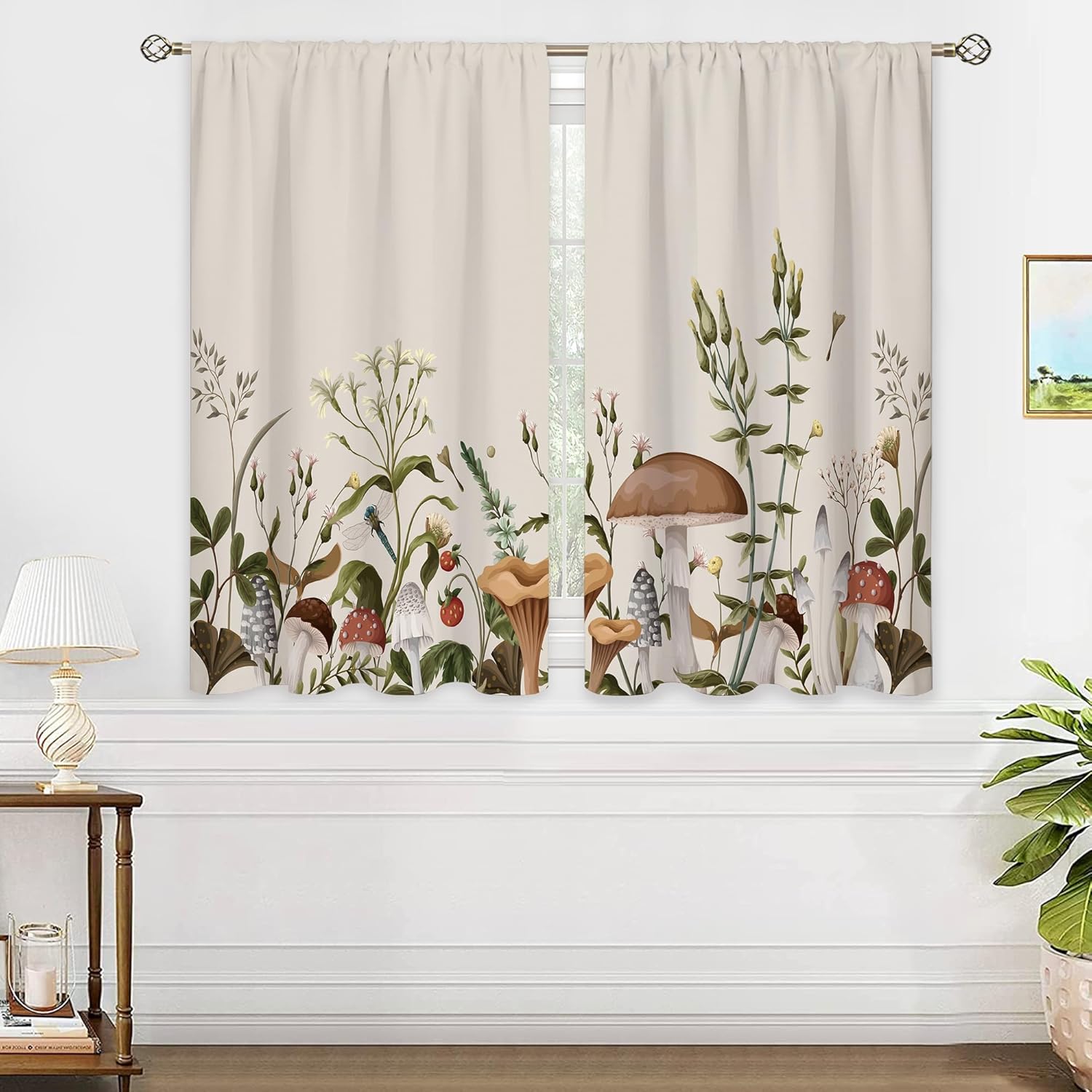 oolygoo Vintage Mushroom Small Kitchen Curtains Leaves Botanical Window Treatment Rustic Mushroom Cafe Short Window Curtains for Bathroom Dining Laundry Room Beige Tier Treatment Drapes 27.5x39 inch - Image 3