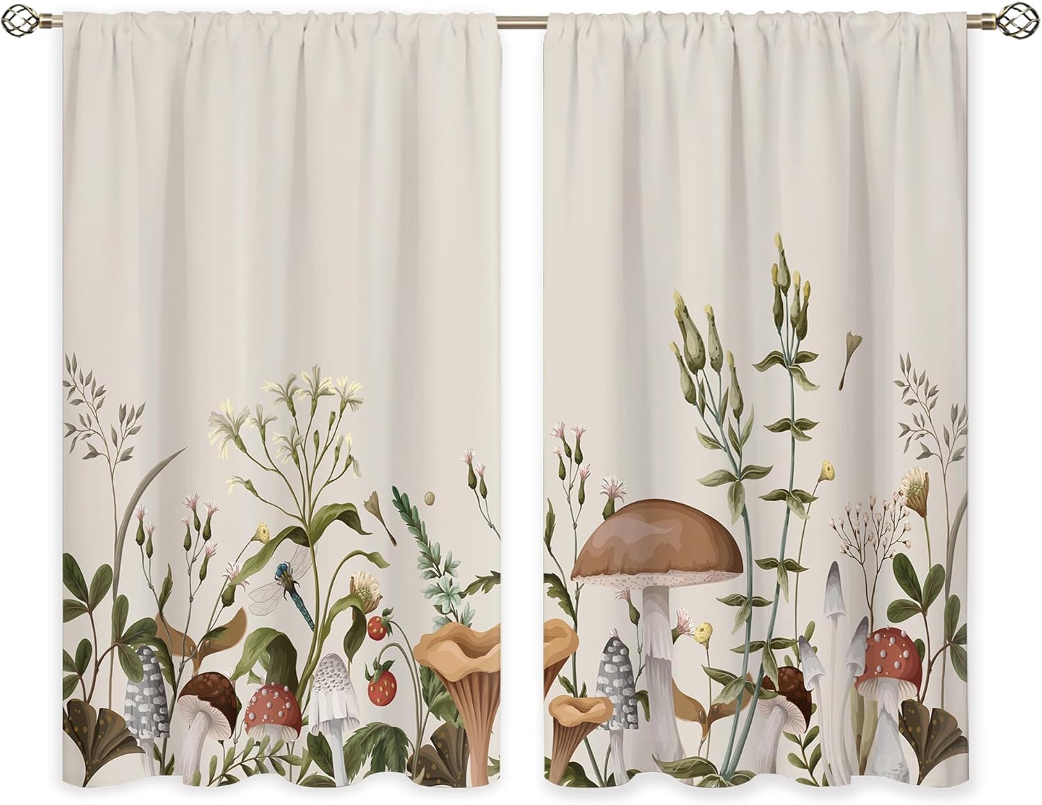 oolygoo Vintage Mushroom Small Kitchen Curtains Leaves Botanical Window Treatment Rustic Mushroom Cafe Short Window Curtains for Bathroom Dining Laundry Room Beige Tier Treatment Drapes 27.5x39 inch - Image 5
