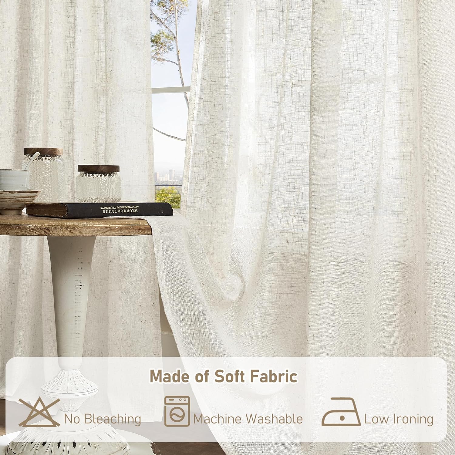 LAMIT 40 Inch Linen Curtains for Kitchen Windows Over Sink, Short Semi Sheer Light Filtering Neutral Curtains Bronze Grommet Panels for Small Windows/Cafe, Cream Ivory, 2 Panels, 34 x 40 Inch - Image 7