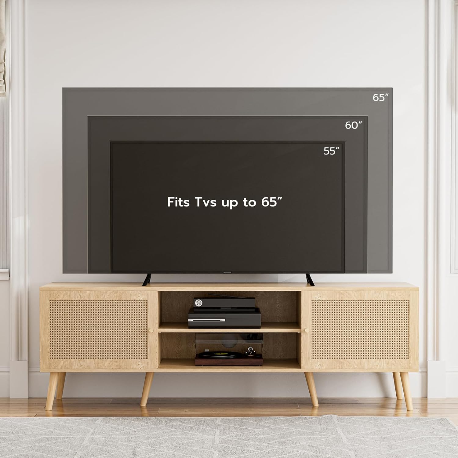 Alternative view of ZttRiee TV Stand for TVs up to 65'', Entertainment Center With Rattan Door, Shelves & 2 Cabinets, Long Boho Media Console for Living Room, Natural