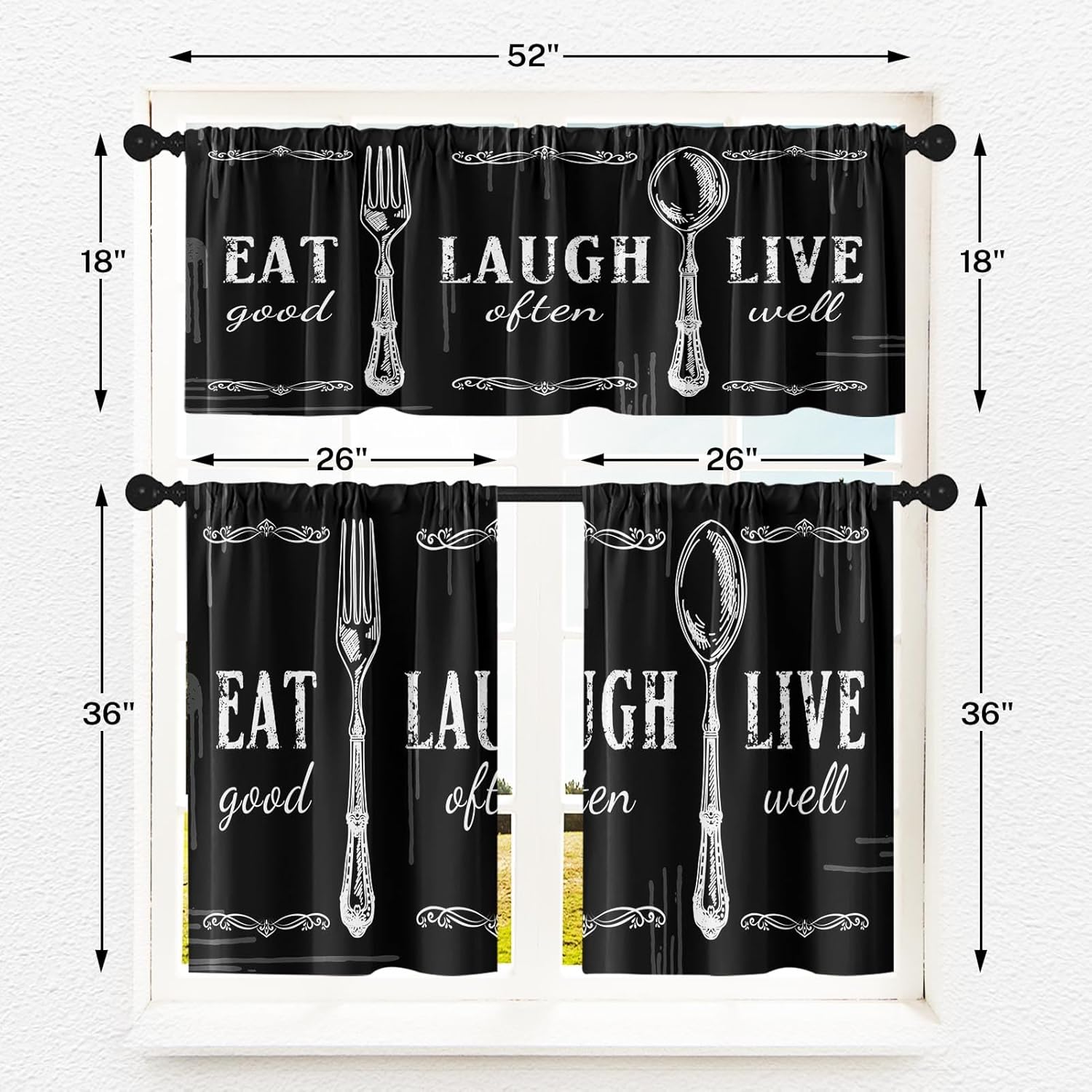 Tayney Black White Kitchen Window Curtains Valance and Tier Set 36 Inch Farmhouse Eat Good Laugh Often Live Well Rod Pocket Short Tier Curtain, Abstract Small Drapes for Kitchen Decor