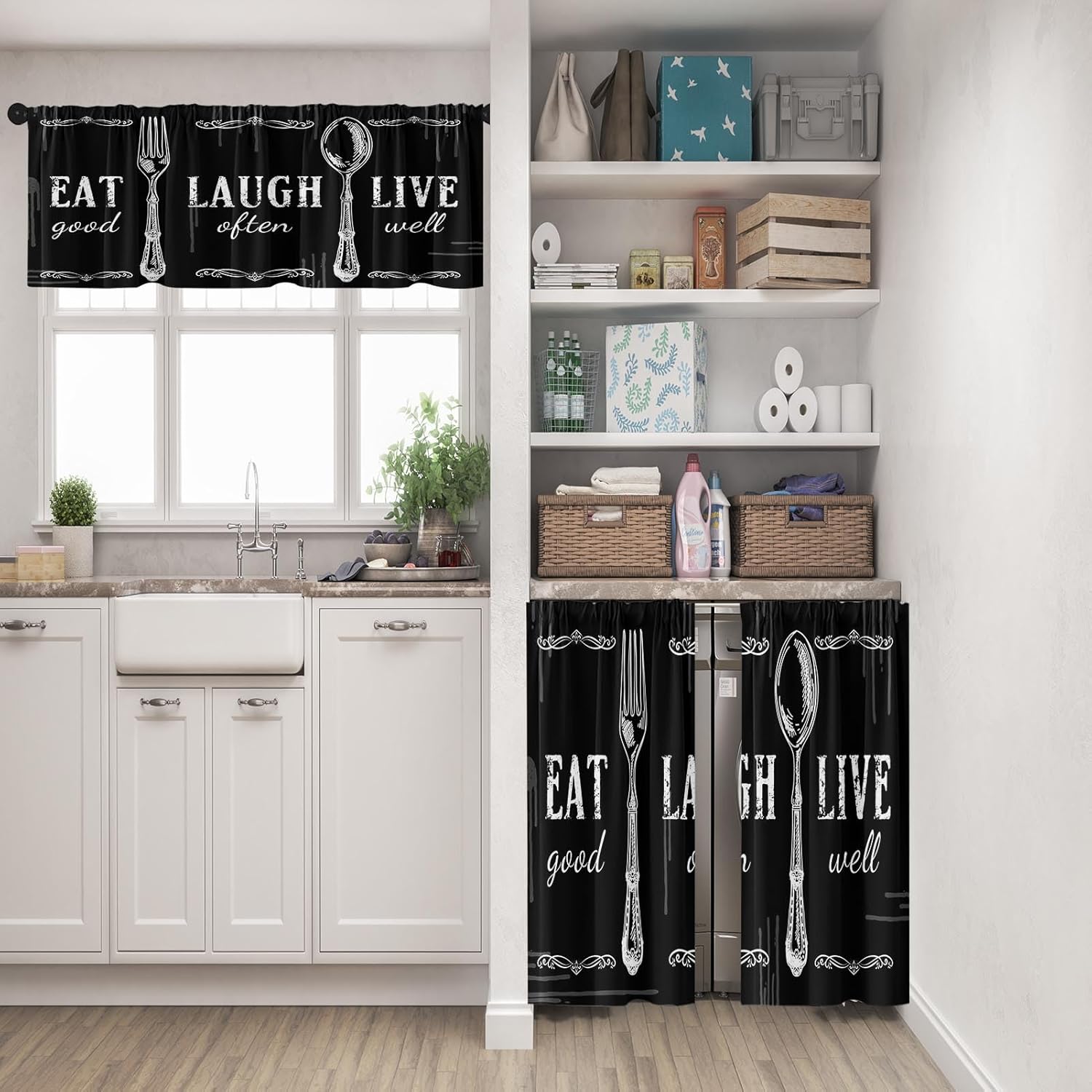 Alternative view of Tayney Black White Kitchen Window Curtains Valance and Tier Set 36 Inch Farmhouse Eat Good Laugh Often Live Well Rod Pocket Short Tier Curtain, Abstract Small Drapes for Kitchen Decor