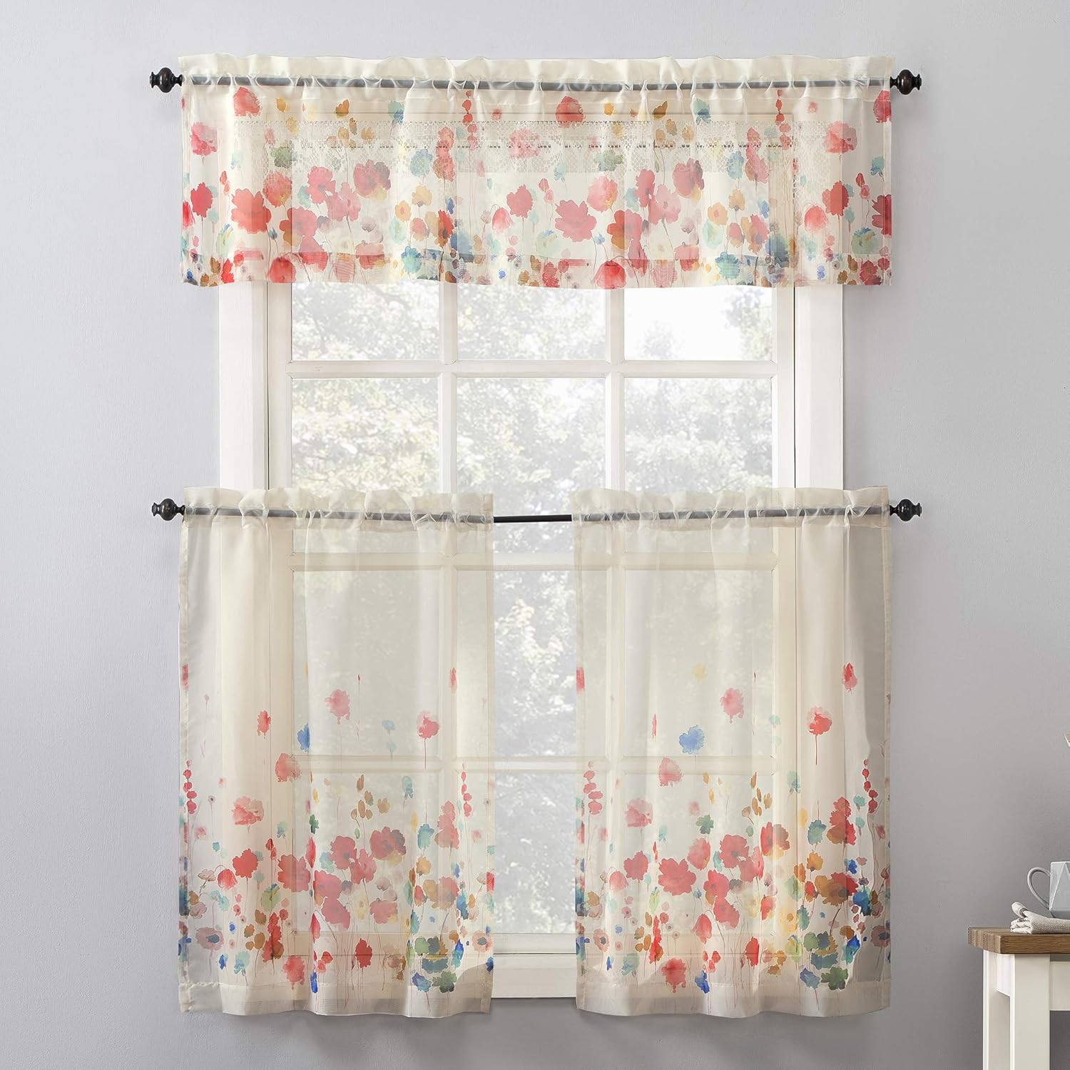 Alternative view of No. 918 Rosalind Watercolor Floral Semi-Sheer Rod Pocket Kitchen Curtain Valance and Tiers Set, 54" x 24", Poppy Red