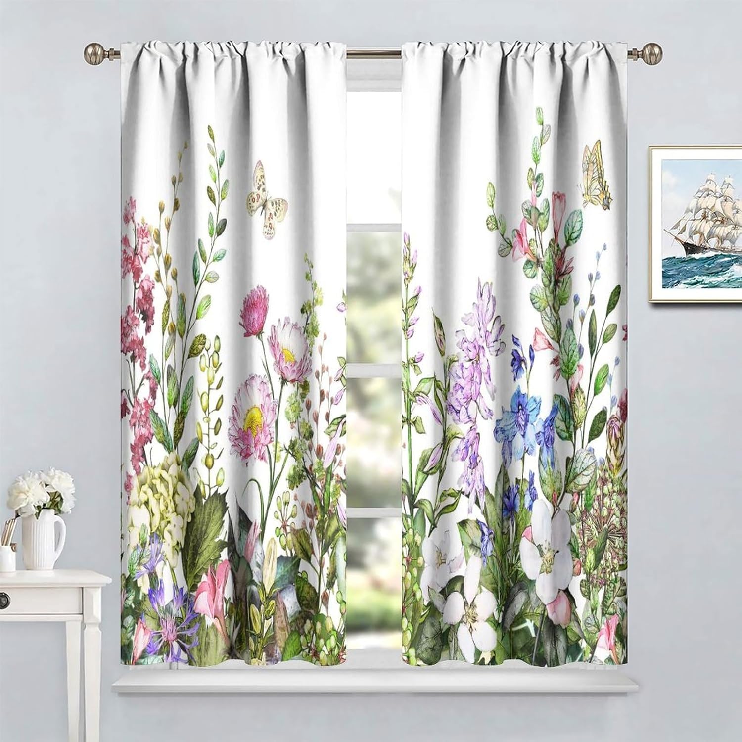 SENQIAN Retro Floral Kitchen Curtains Rustic Plant Wildflower Flowers Leaves Aesthetic Printed Blackout Rod Pocket Window Drapes Treatment for Bedroom Living Room Cafe W21xL45in Decor