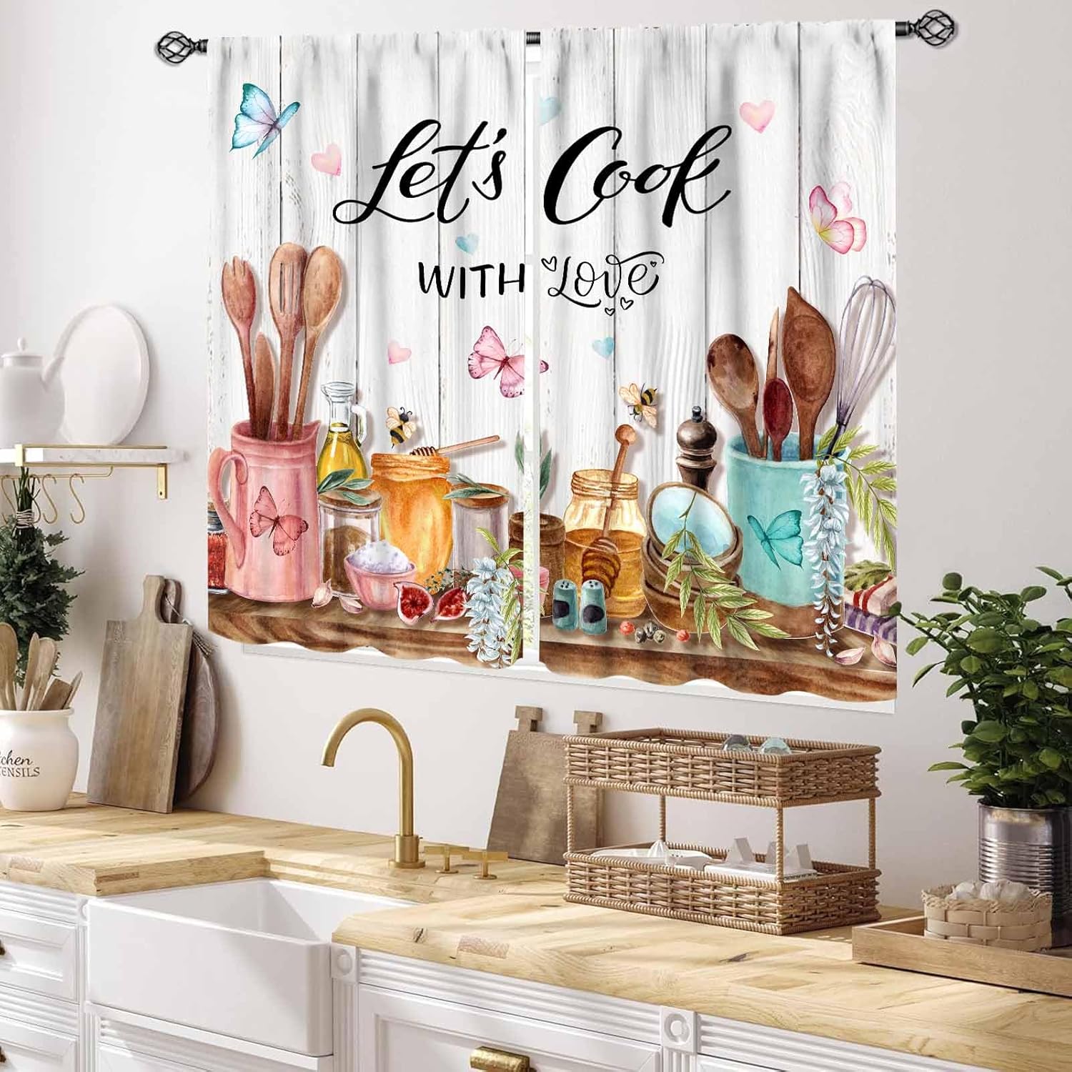 Alternative view of Farmhouse Kitchen Curtians, Rustic Country Fork and Spoon Cook Theme Rustic Vintage Cottage Blackout Cafe Living Room Bedroom Small Short Window Curtains Drapes Treatments 2 Panel Sets, 55x39 Inch