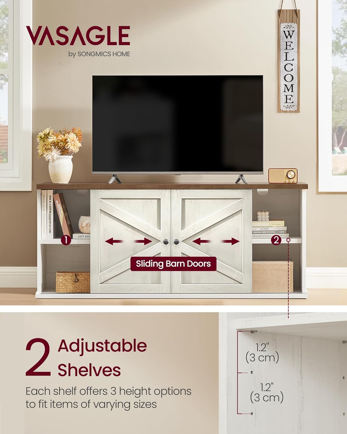 Alternative view of VASAGLE Farmhouse TV Stand for TVs up to 65 Inches, Entertainment Center with Storage Cabinets and Sliding Barn Doors, Media Console Table for Living Room, Rustic White and Honey Brown ULTV535W01