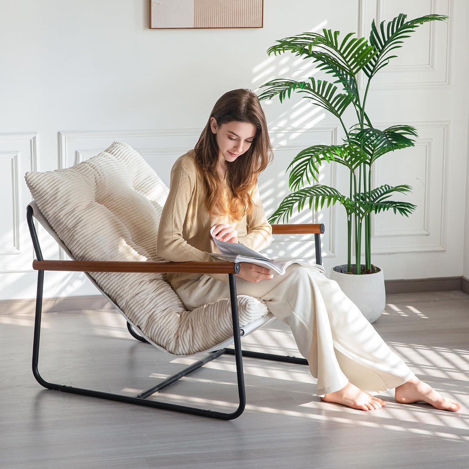 Alternative view of MAXYOYO Modern Accent Chair, Comfy Living Room Chair with Metal Frame Wooden Armrest, Upholstered Armchair with Soft Cushion for Bedroom Balcony Lounge Reading Room, Beige