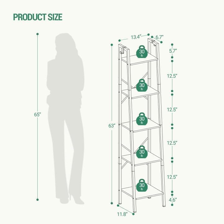 Hzuaneri Ladder Shelf, Bookshelf Bookcase, Freestanding Corner Storage Shelve with 2 Hooks for Home Office, Living Room, Kitchen, Bedroom, Industrial, 11.8" D x 13.4" W x 63" H, Greige BC03205B