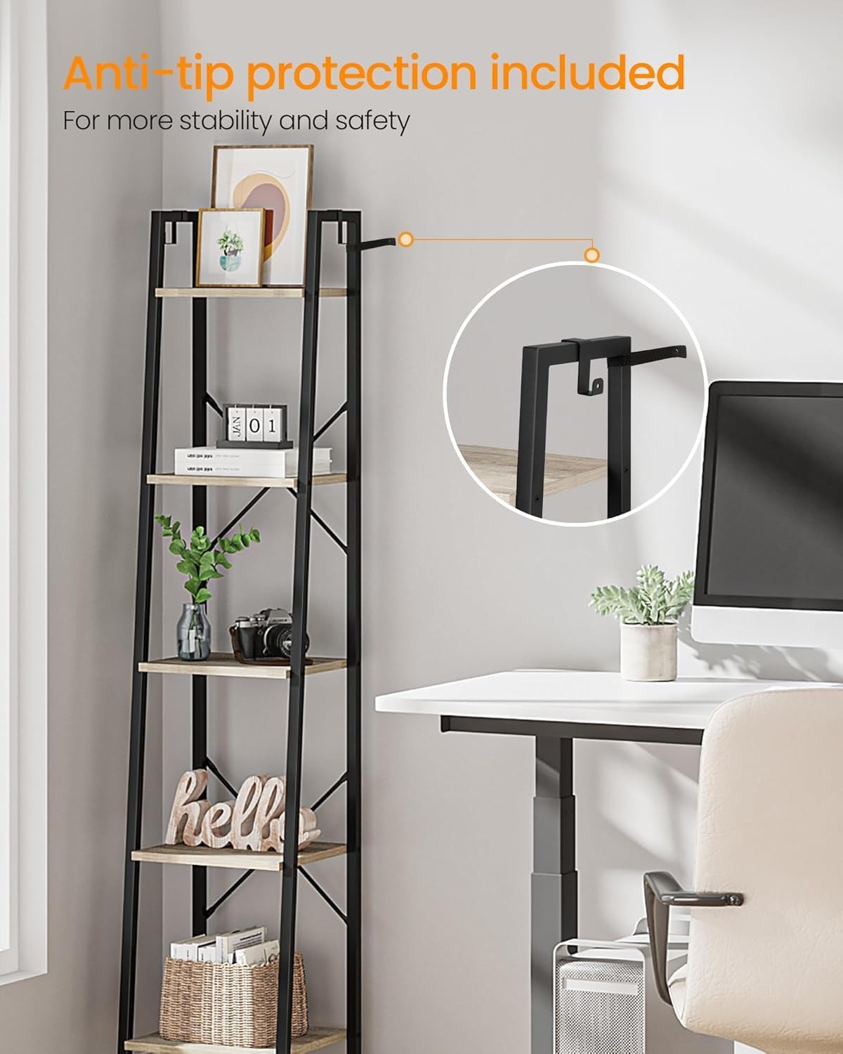 Alternative view of Hzuaneri Ladder Shelf, Bookshelf Bookcase, Freestanding Corner Storage Shelve with 2 Hooks for Home Office, Living Room, Kitchen, Bedroom, Industrial, 11.8" D x 13.4" W x 63" H, Greige BC03205B