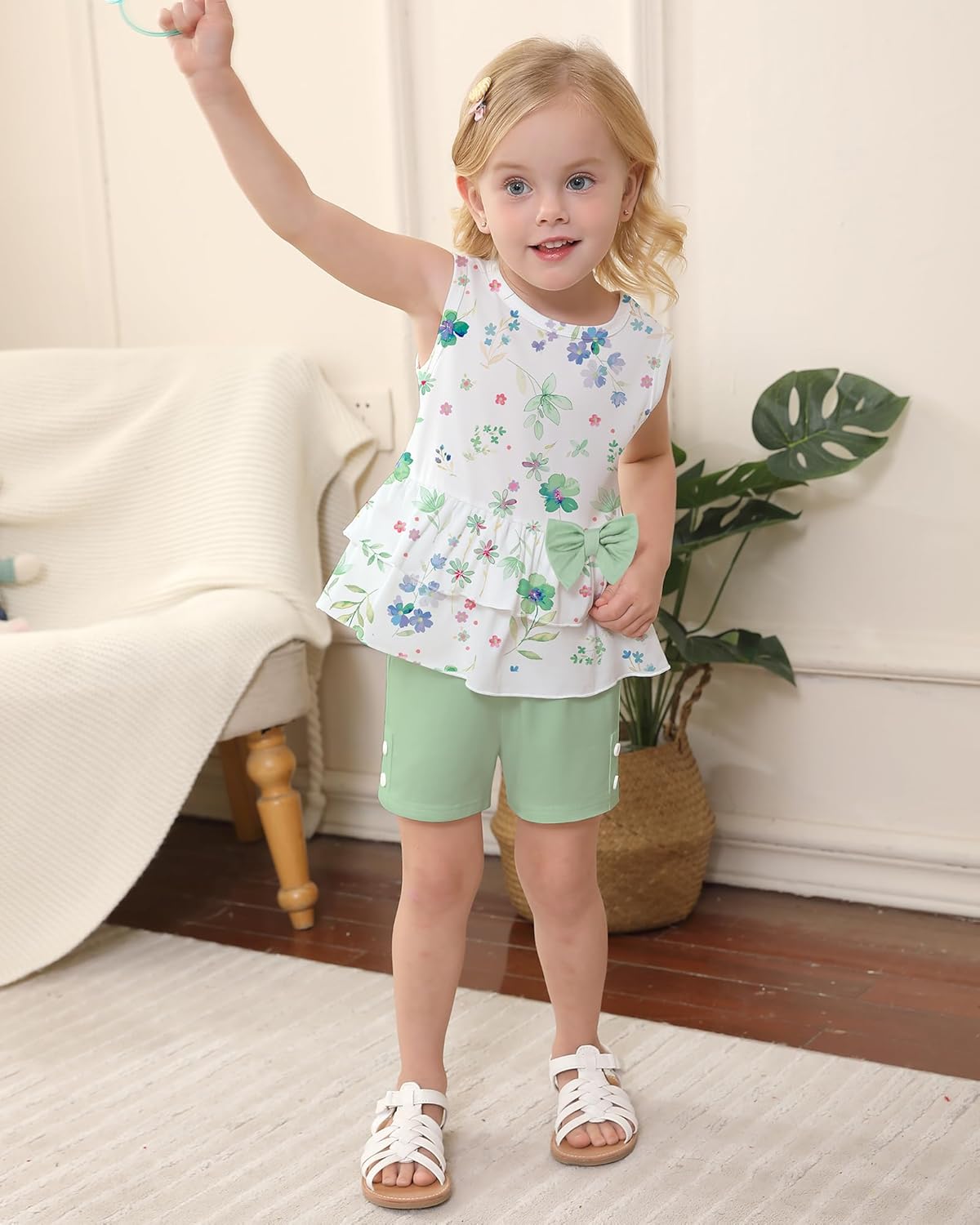 YUEMION Toddler Girl Clothes, 2Pcs Baby Girl Summer Outfits Sleeveless Bow Knot Tank Shirts Tops + Shorts Clothing Sets 1-5T