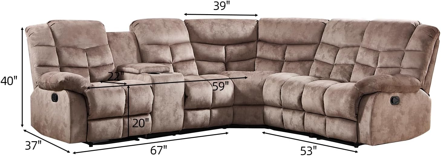 EBELLO Manual Reclining Sectional Sofa Set for Living Room, Soft Fabric Recliner Corner Sectional Couch with Center Console, Cup Holder and Storage, Brown