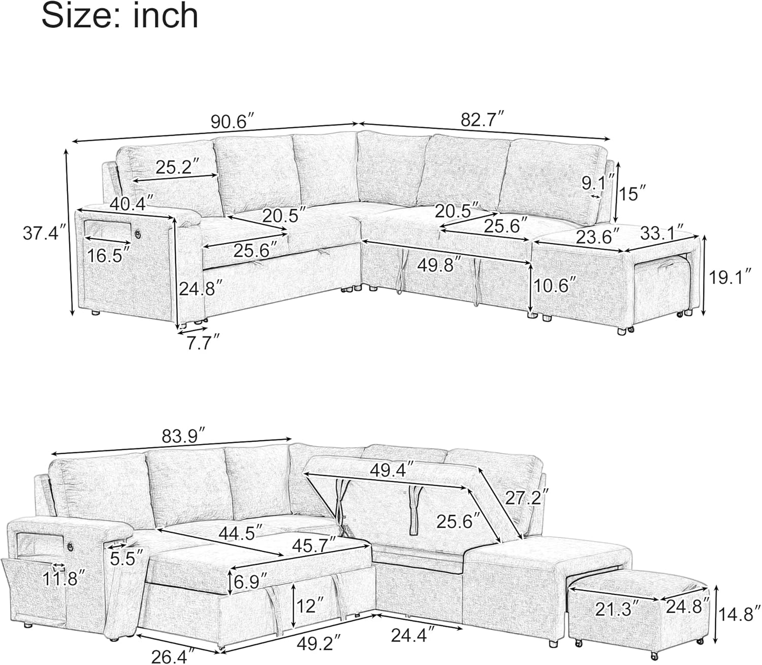 Merax L-Shaped Modular Sofa with Removable Storage Ottoman, USB Ports and Cup Holder, Upholstered Sectional Couch & Armrest, Free Combination Indoor Furniture for Living Room, Apartments, Beige