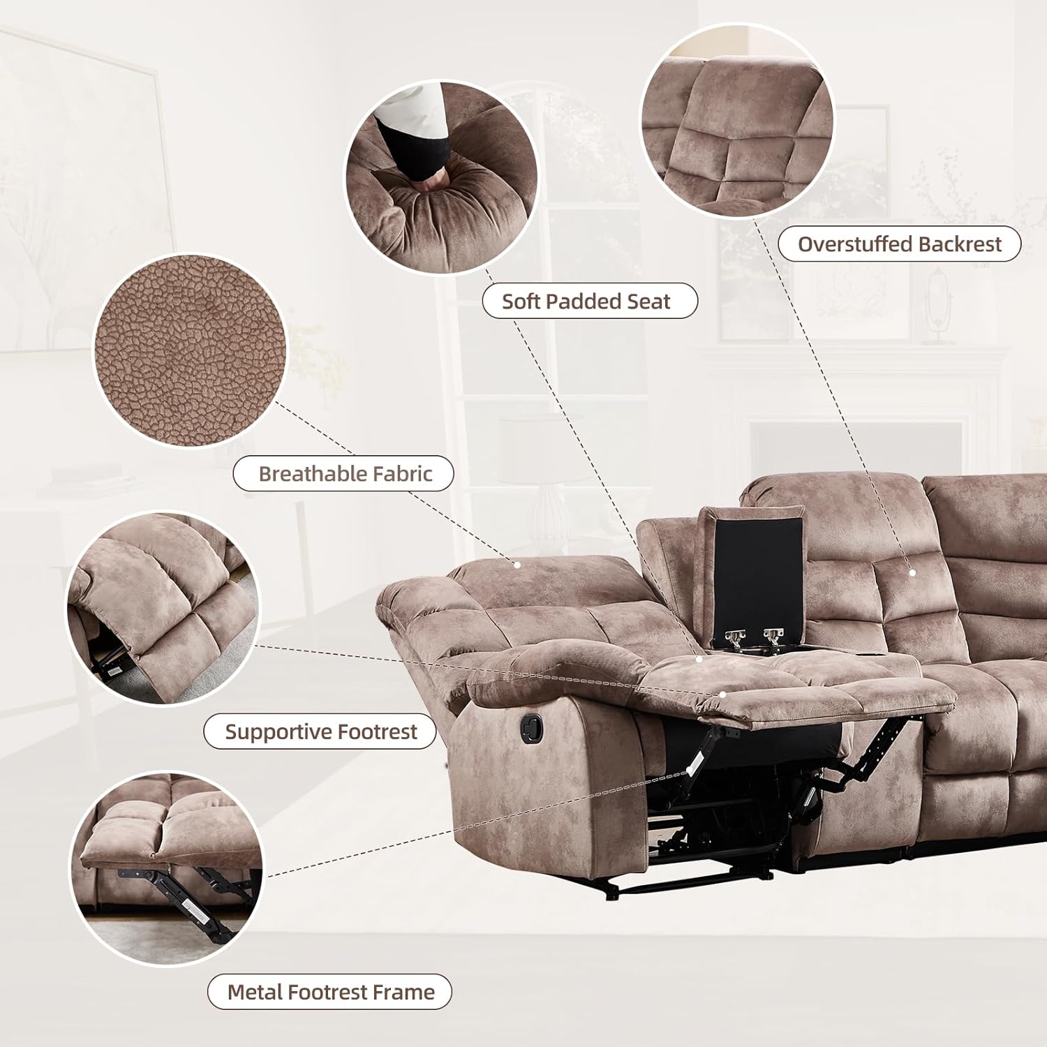Alternative view of EBELLO Manual Reclining Sectional Sofa Set for Living Room, Soft Fabric Recliner Corner Sectional Couch with Center Console, Cup Holder and Storage, Brown