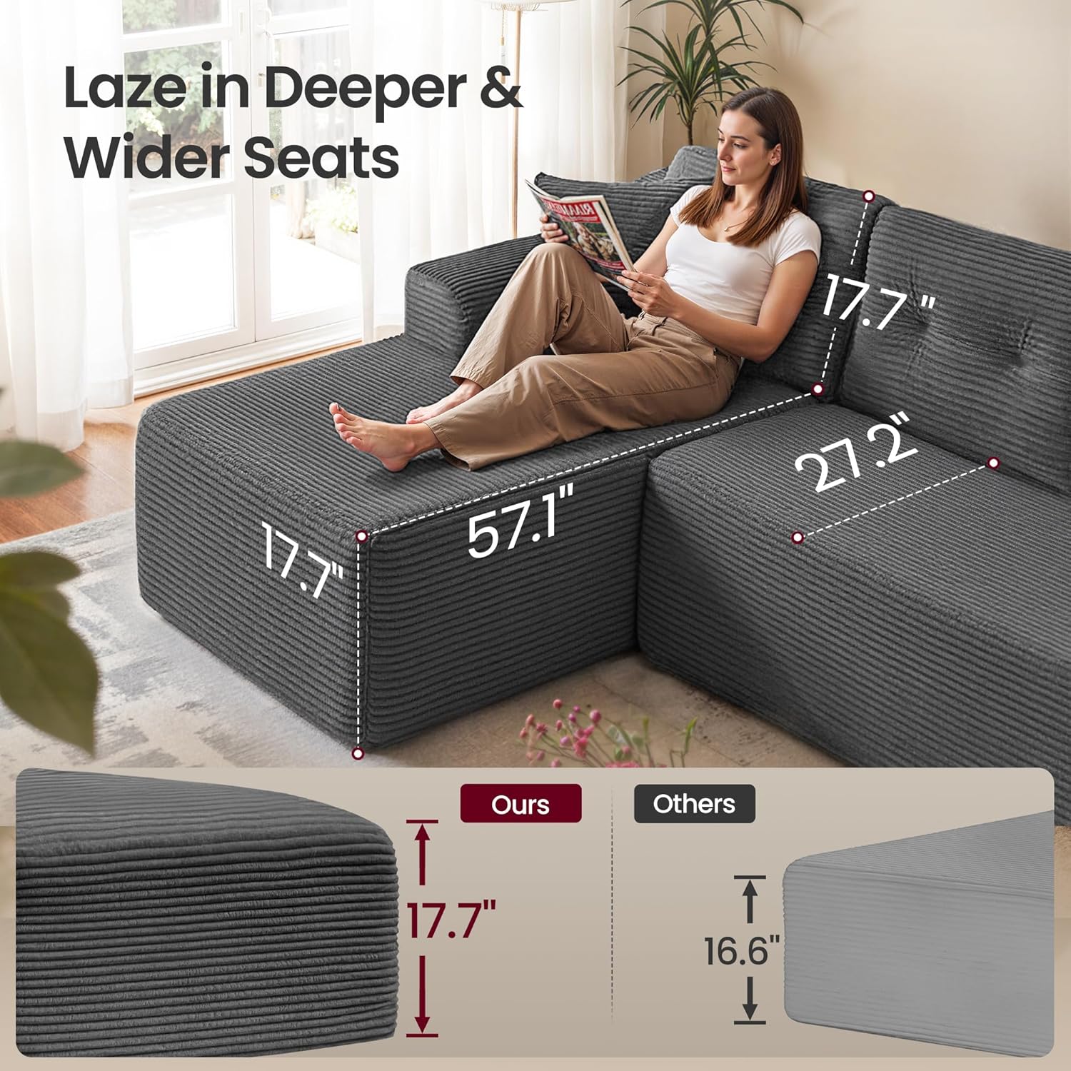 VASAGLE Boneless Couch, Modern Cloud Couch with Deep Seat, Corduroy Sofa for Living Room, Bedroom, Modular Sectional Sofa with Left-Facing Chaise, 108.3 Inches, Slate Gray ULCS181GN01