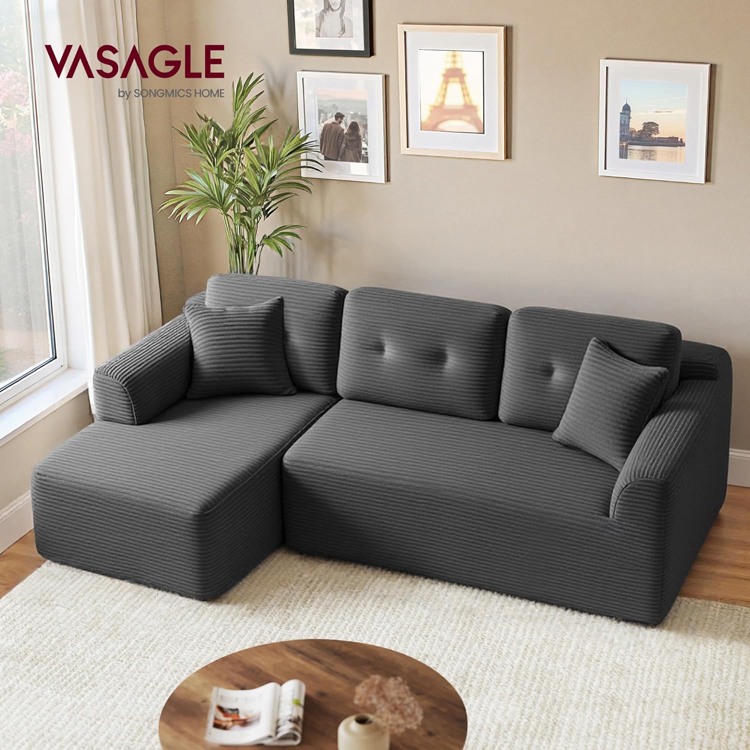 Alternative view of VASAGLE Boneless Couch, Modern Cloud Couch with Deep Seat, Corduroy Sofa for Living Room, Bedroom, Modular Sectional Sofa with Left-Facing Chaise, 108.3 Inches, Slate Gray ULCS181GN01