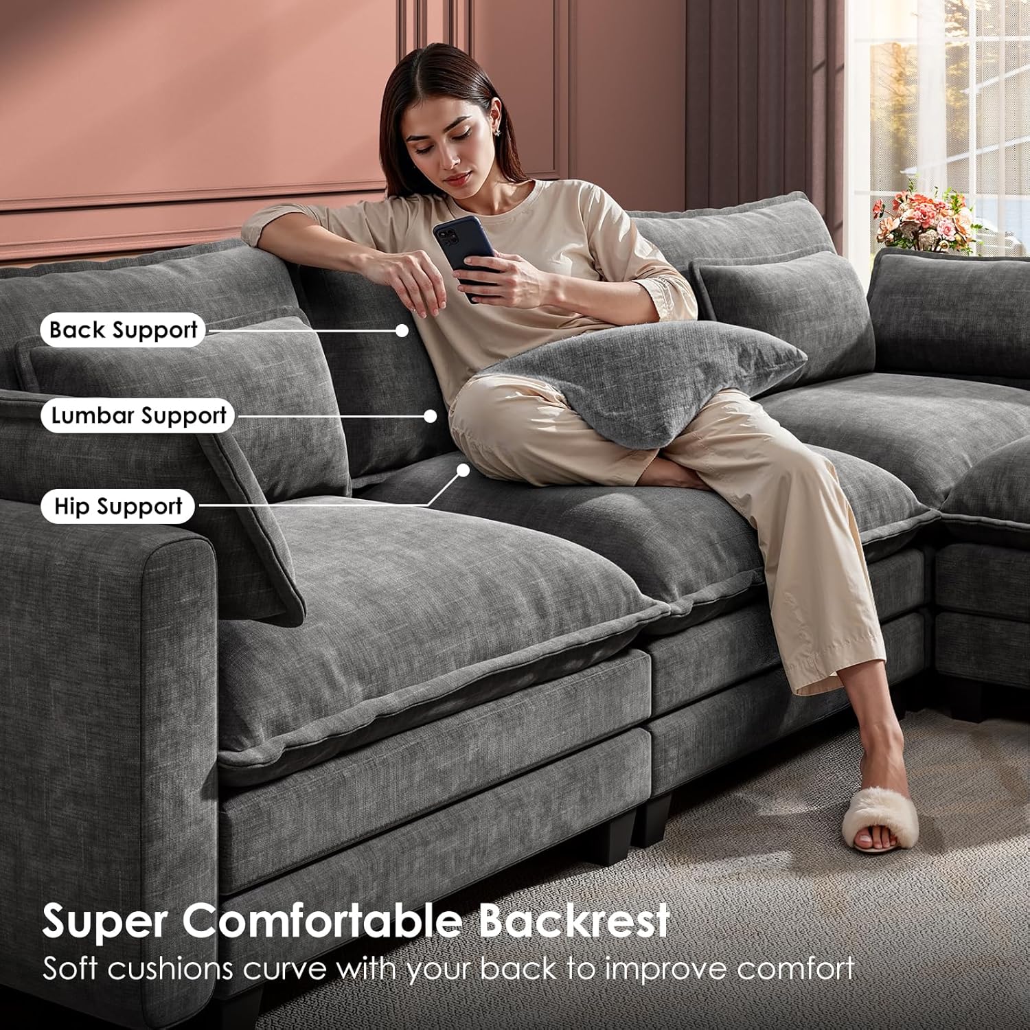 Alternative view of Marsail Modular Sectional Sofa 110.6" U-Shaped Modern Comfy Cloud Couch, 5-Seat Chenille Deep Seat Sofa with Throw Pillow & Movable Ottoman for Living Room, Bedroom and Apartment, Grey