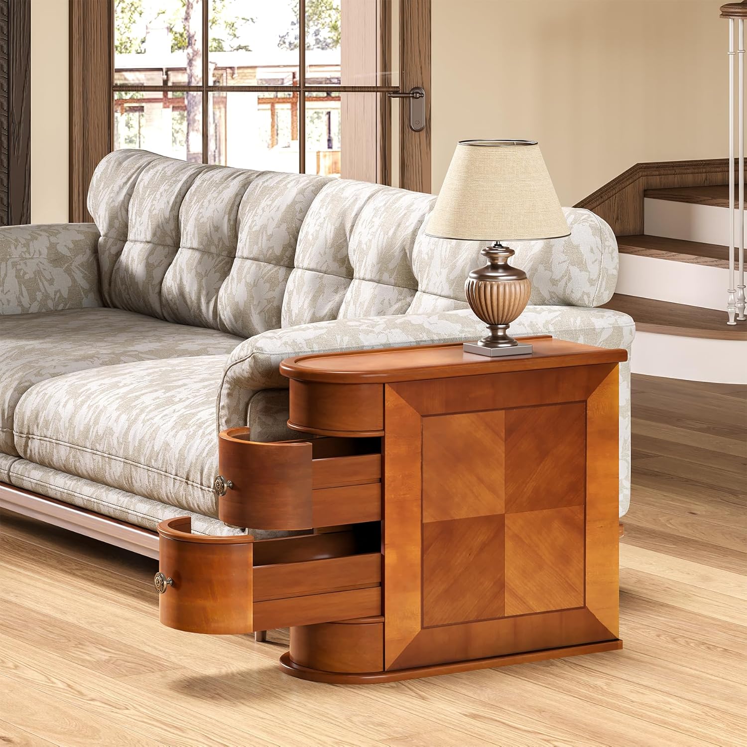 Alternative view of LITTLE TREE Wood End Table with 2 Drawers Sofa Side Table, No Assembly Required Vintage Slim Nightstand Bedside Table for Bedroom