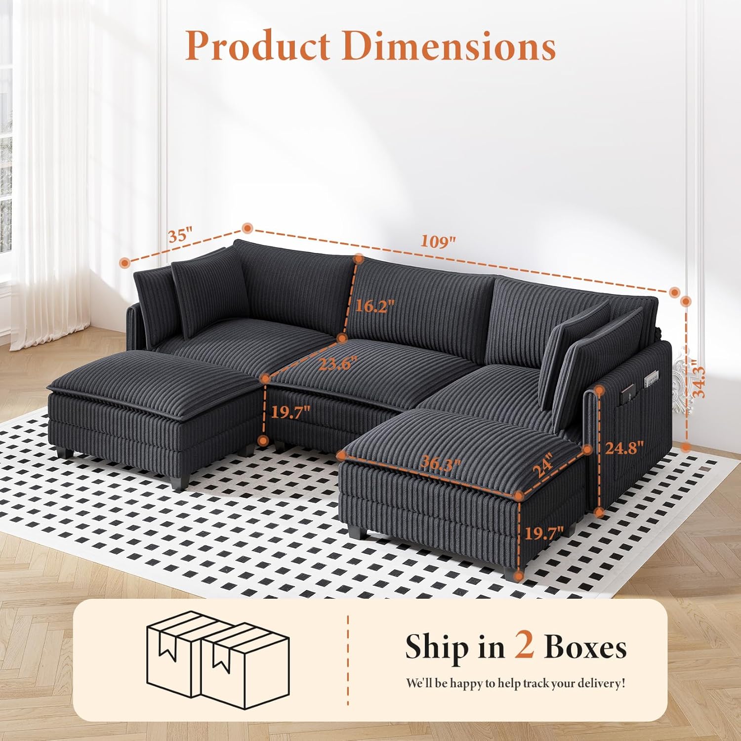 Vesgantti 109" U Shaped Cloud Sectional Sofa, Comfy Corduroy Upholstered Sectional Modular Sofas for Living Room, Modern Modular Couch with 2 Ottoman Deep Seat, Dark Grey
