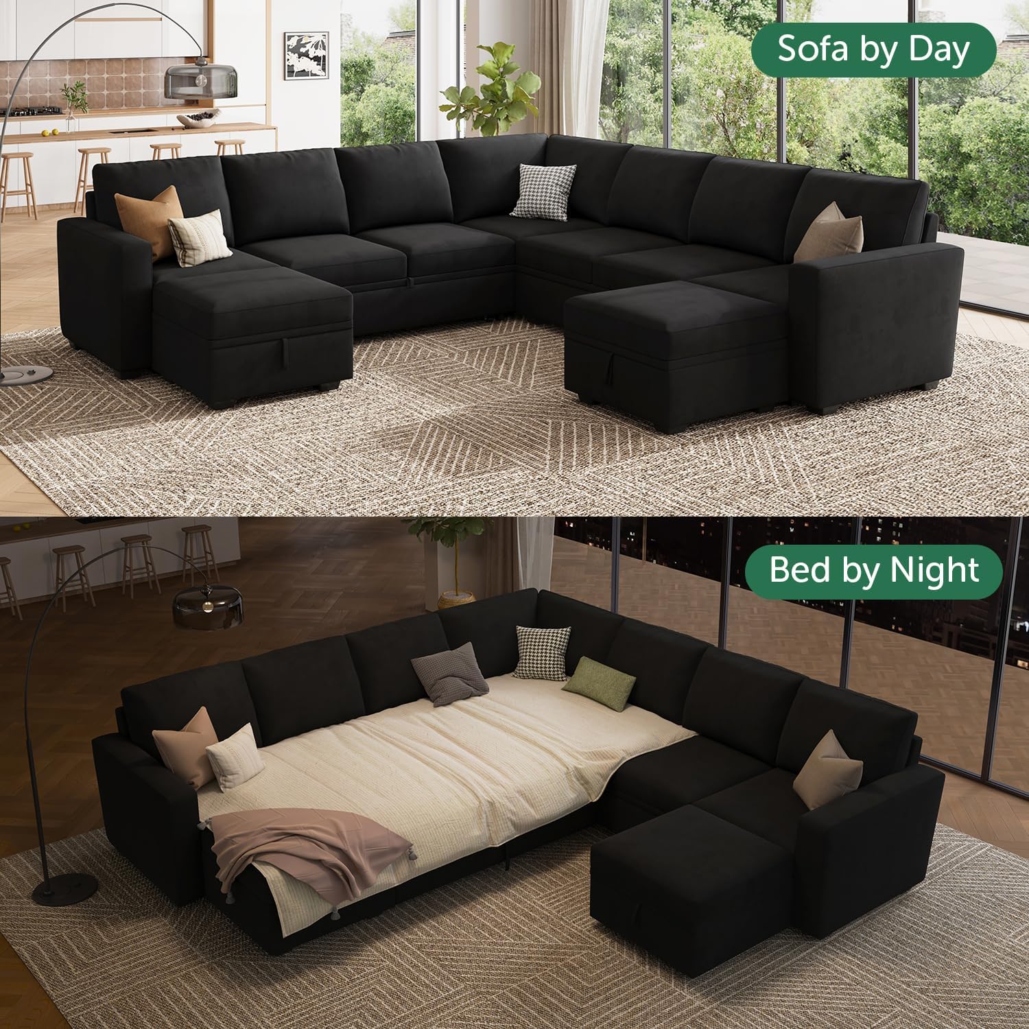 Alternative view of HONBAY Modular Sectional Sleeper Sofa with Pull Out Couch, Oversized U Shaped Sleeper Pull Out Bed with Storage Sectional Couches for Living Room - Black
