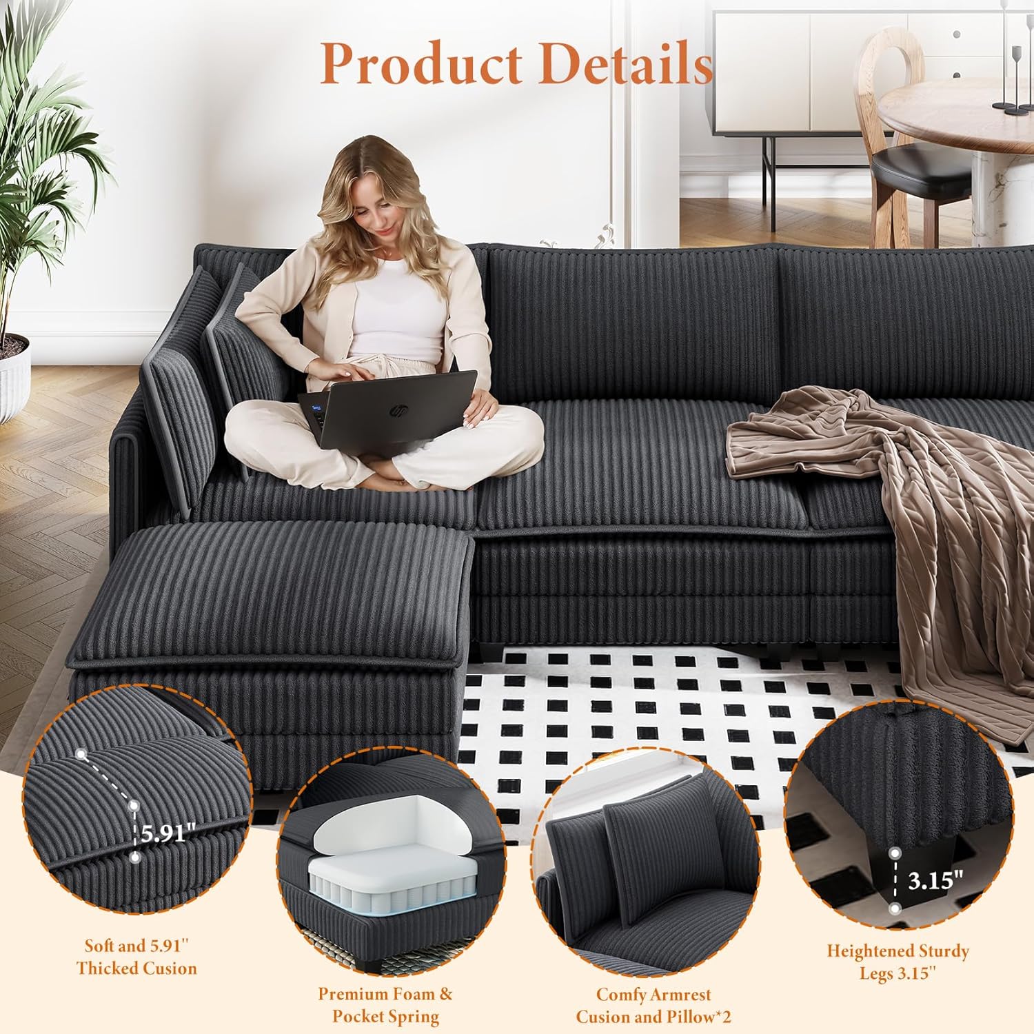 Alternative view of Vesgantti 109" U Shaped Cloud Sectional Sofa, Comfy Corduroy Upholstered Sectional Modular Sofas for Living Room, Modern Modular Couch with 2 Ottoman Deep Seat, Dark Grey