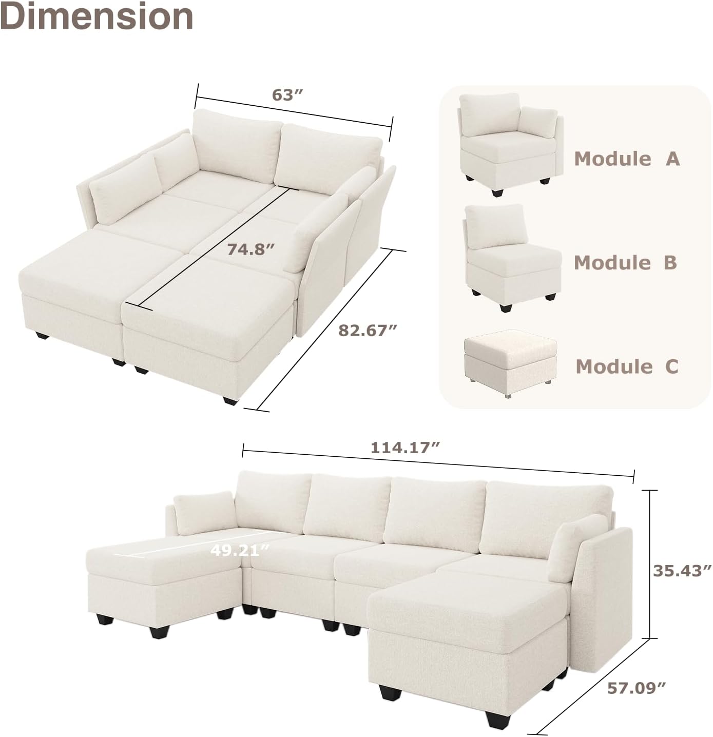 Alternative view of Huatean Home 114.17" Modular Sectional Sofa, 6 Seat Modular Couch with Storage, Memory Foam, Convertible Sectional Couches for Living Room, U Shaped Comfy Modular Sofa with Chaise, Beige