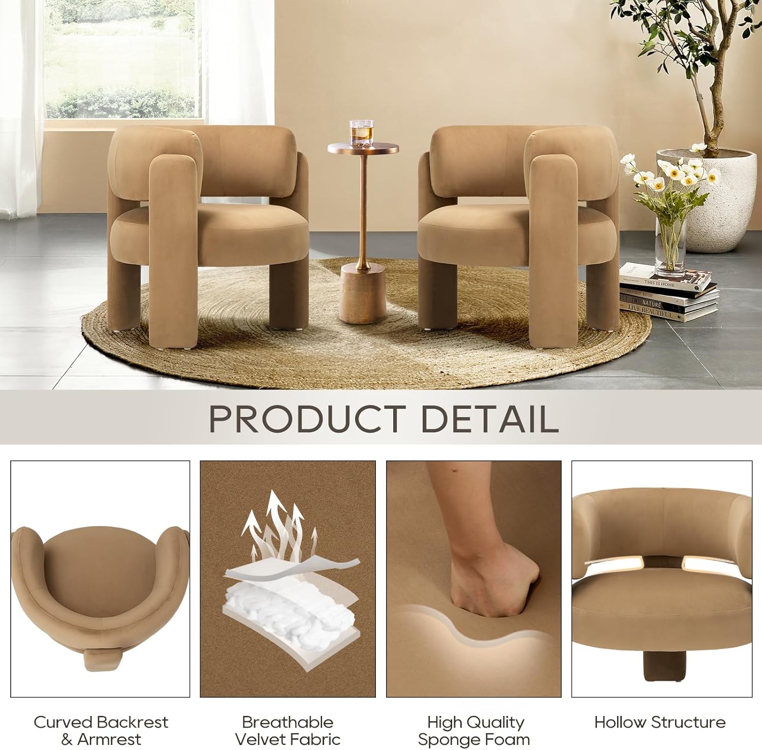 Alternative view of COLAMY Modern Velvet Accent Chairs Set of 2, Upholstered Barrel Chairs, Comfy Side Arm Chairs with 3 Legs for Living Room, Bedroom, Reading, Khaki