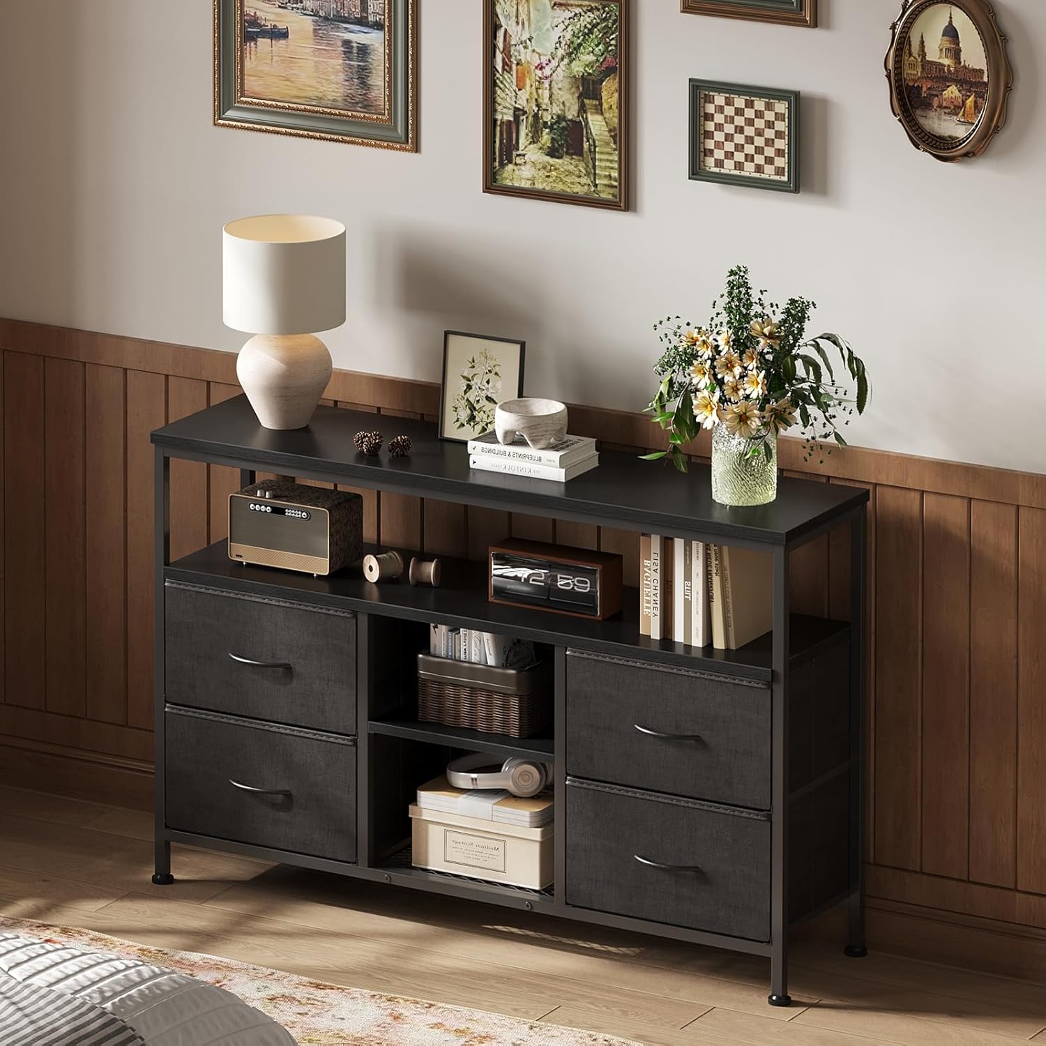 Sweetcrispy TV Stand Dresser for Bedroom 4 Drawers Entertainment Center with LED Lights and Power Outlets Media Console for 50 Inch TV Living Room Furniture with Open Shelf Adjustable Feet, Black