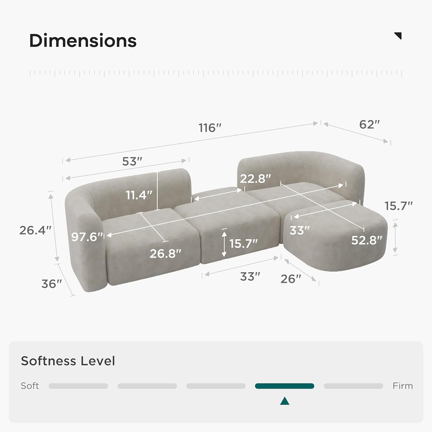 Acanva Luxury Modern Tight Curved Back Velvet Sofa, Minimalist Style Comfy Couch for Living Room Apartment, 4 Seater Modular Sectional, Cream