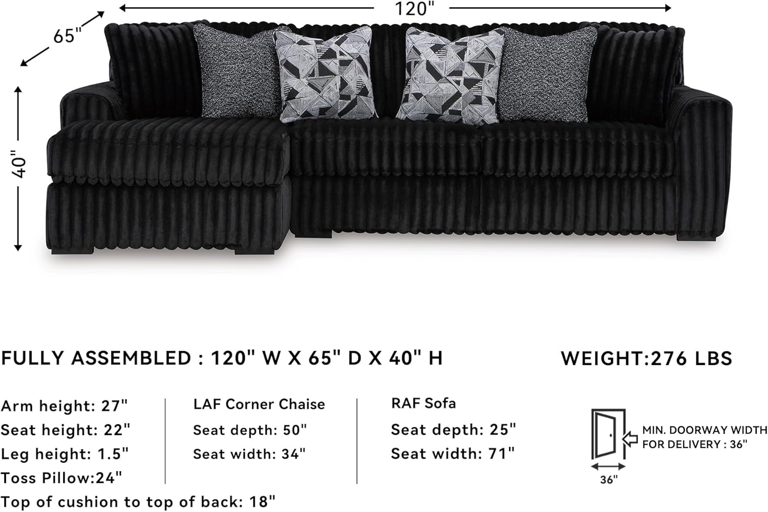 Alternative view of Signature Design by Ashley Midnight-Madness 2-Piece Sectional Sofa with Chaise, Faux Wood Finish Accent Legs, Fabric Upholstery, 120" W x 65" D x 40" H, Black