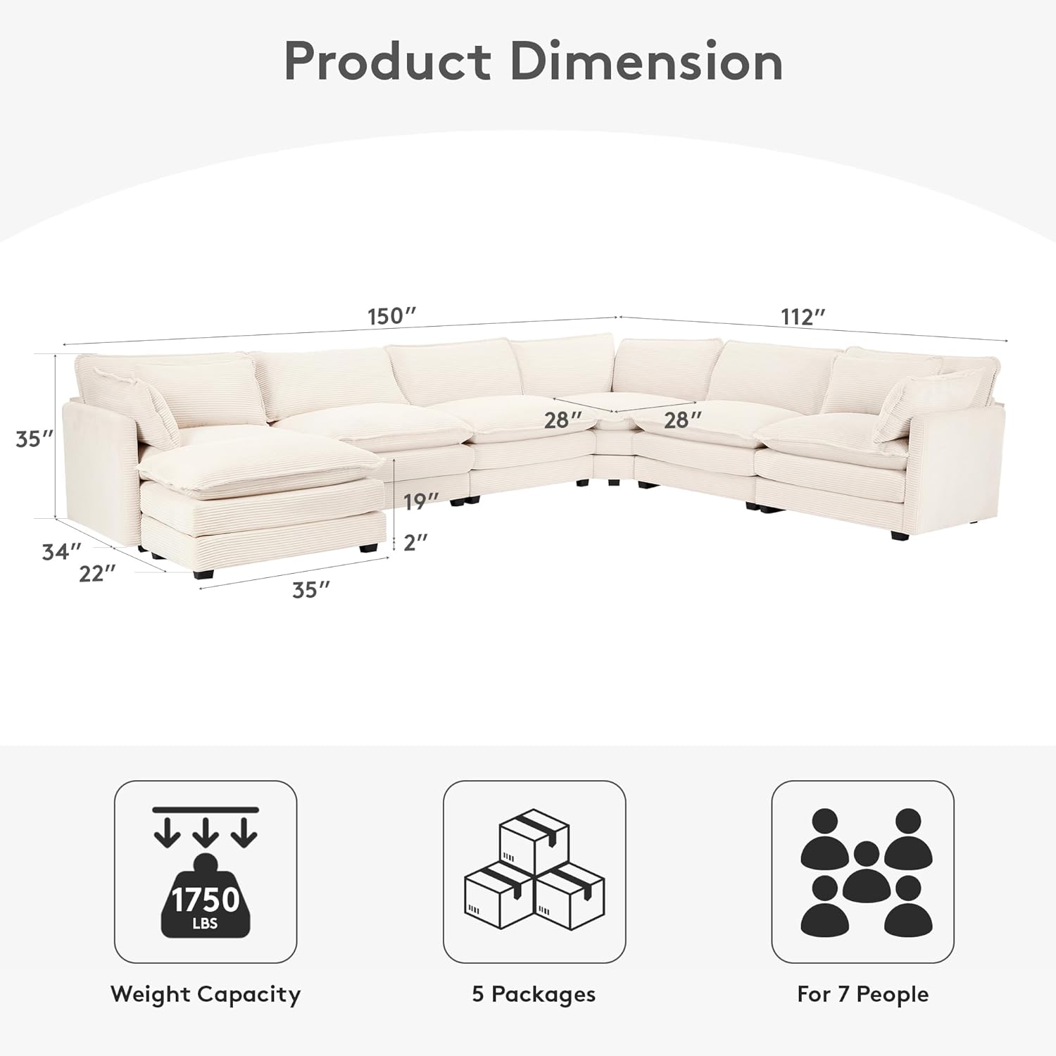 ROWHY 150'' Modular Sectional Cloud Couch, 7 Seater Corner Sofa Big Comfy Corduroy V Shaped Couch with 4 Throw Pillows, Convertible Chaise, Ottoman, Couches for Living Room Office Beige