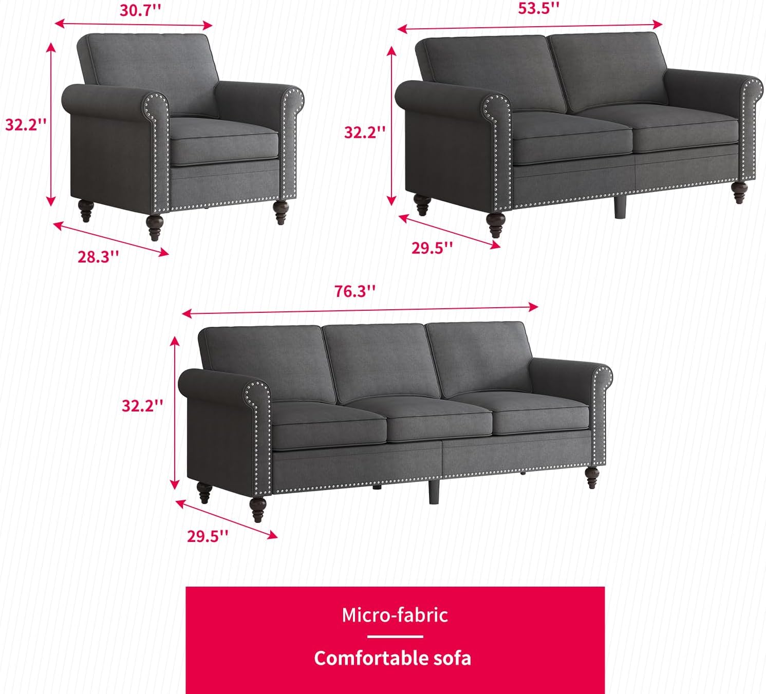 MUZZ 3PCS Sofa Set for Living Room,Modern Linen Couch Set with Nailhead Trim Design, Living Room Furniture Set for Office,Apartment, Home(Sofa & Loveseat & Chair/Dark Grey)