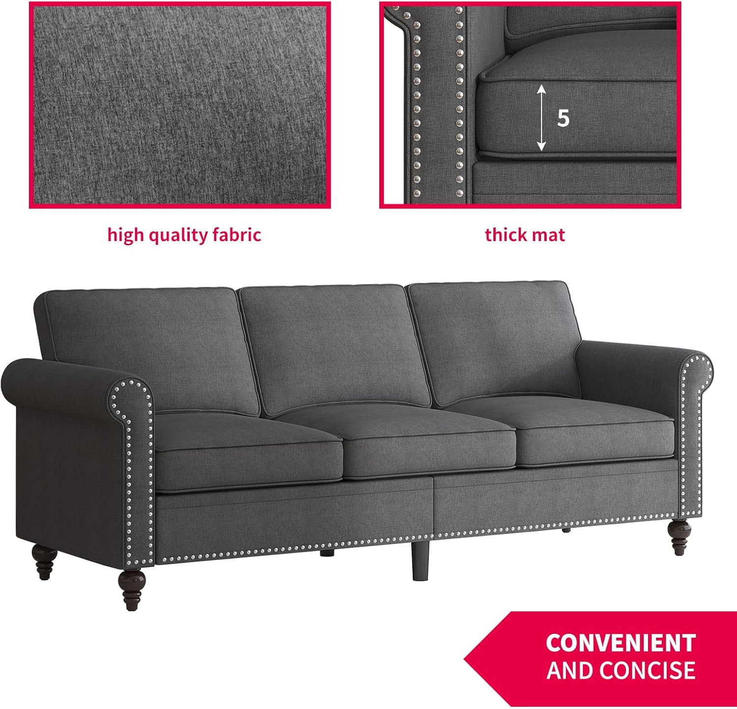 Alternative view of MUZZ 3PCS Sofa Set for Living Room,Modern Linen Couch Set with Nailhead Trim Design, Living Room Furniture Set for Office,Apartment, Home(Sofa & Loveseat & Chair/Dark Grey)