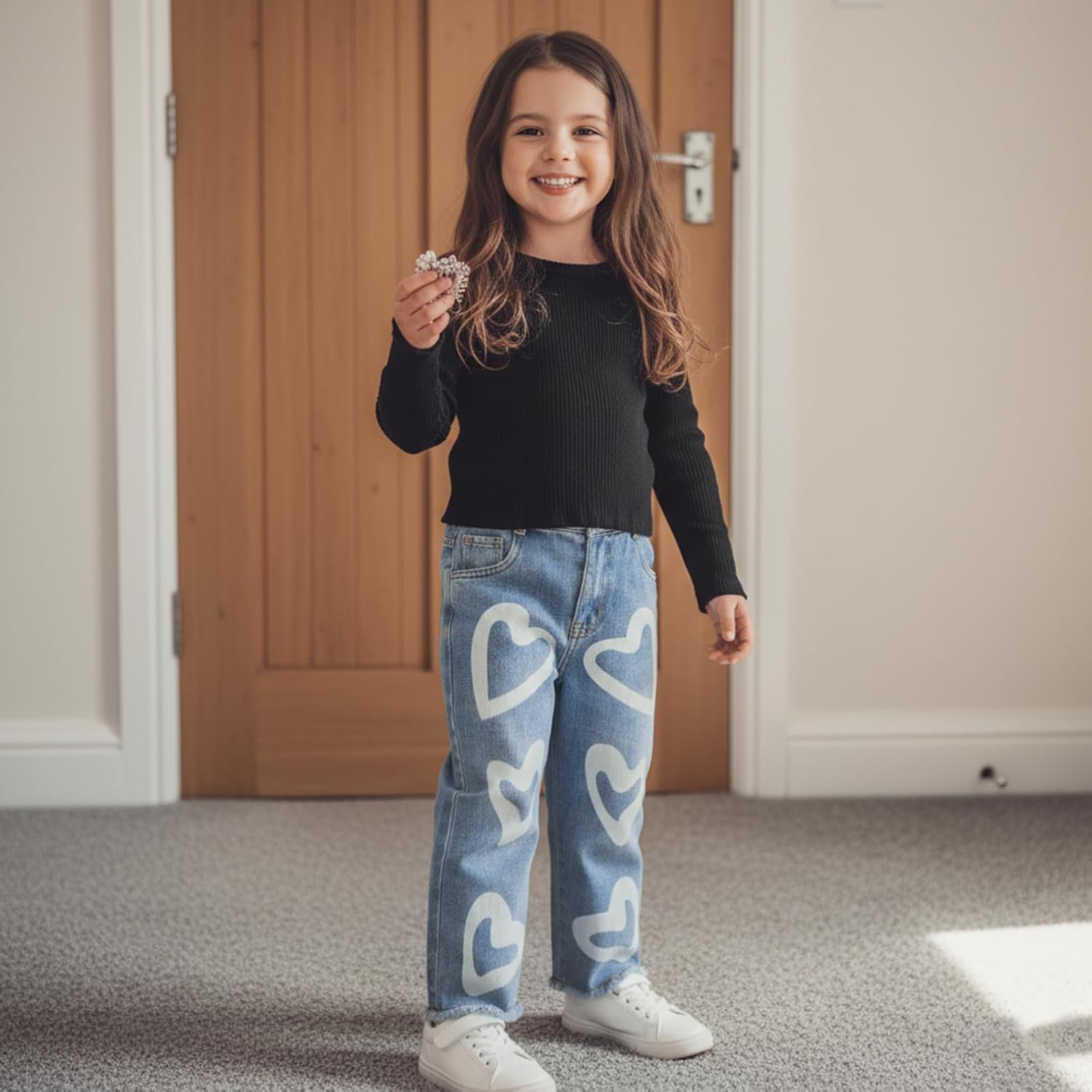 Toddler Girls Clothes 2T 3T 4T 5T 6T Ribbed Baby Kids Girl Denim Outfits Long Sleeve Tops Love Hearts Jeans Pant