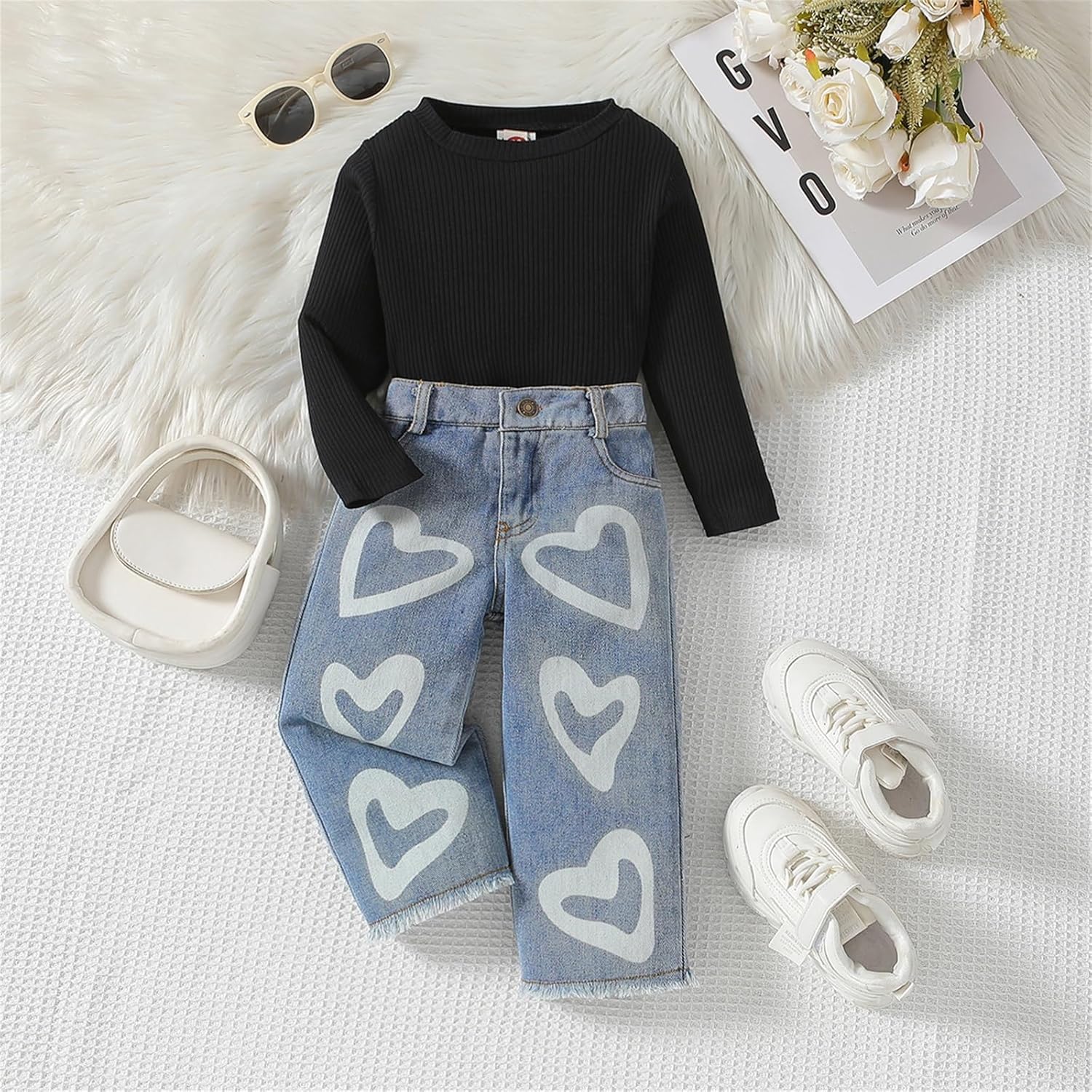 Alternative view of Toddler Girls Clothes 2T 3T 4T 5T 6T Ribbed Baby Kids Girl Denim Outfits Long Sleeve Tops Love Hearts Jeans Pant