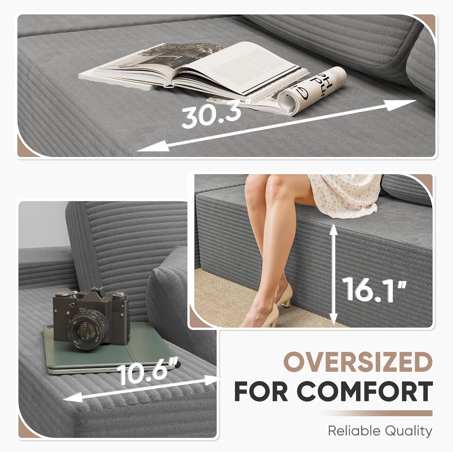 Homall 108" Modular Sectional Sofa, Boneless Couch with L-Shape Chaise, Cloud Couch with Deep Seat Upholstered, No Assembly Required for Living Room, Bedroom (Corduroy, Grey)