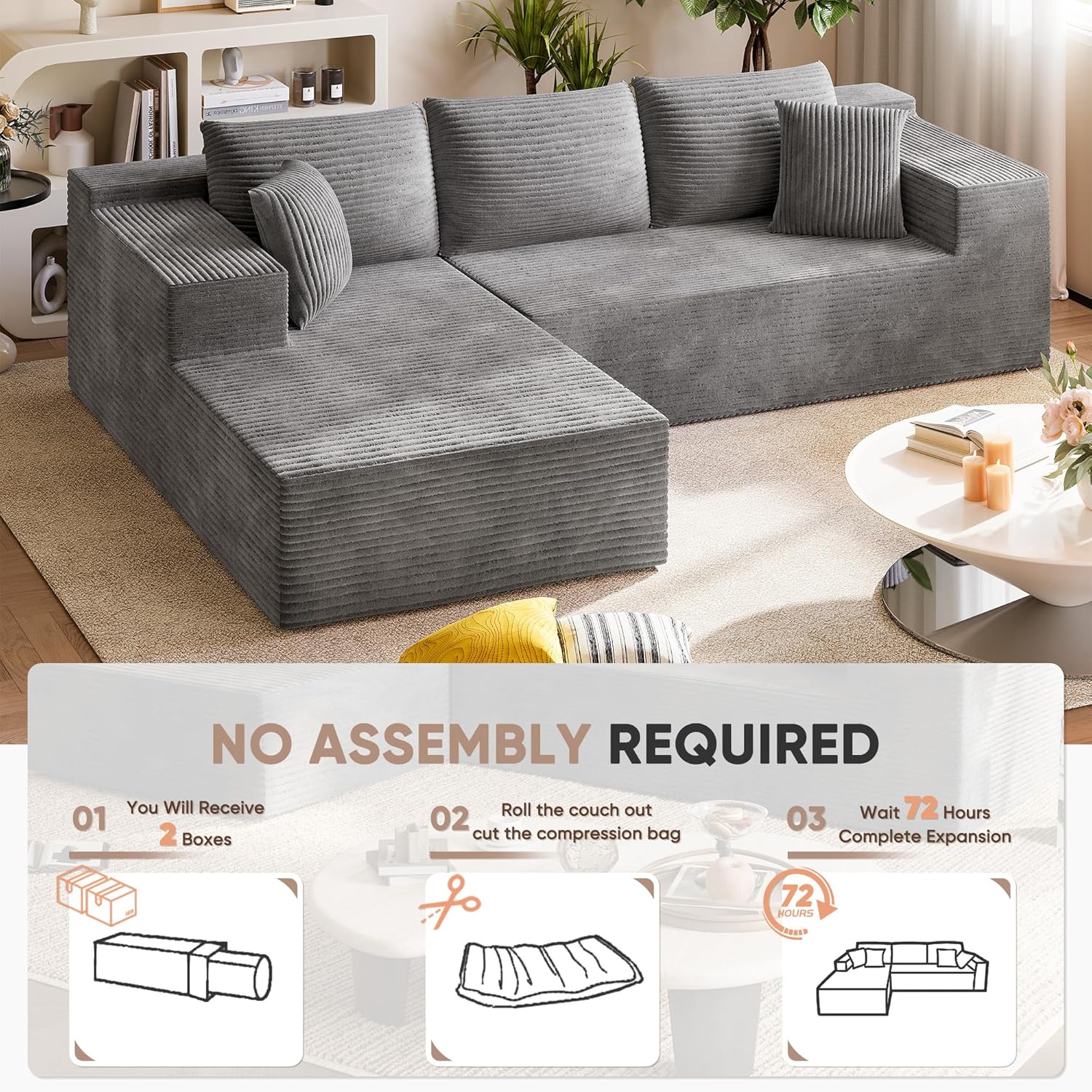 Homall 108" Modular Sectional Sofa, Boneless Couch with L-Shape Chaise, Cloud Couch with Deep Seat Upholstered, No Assembly Required for Living Room, Bedroom (Corduroy, Grey) - Image 5