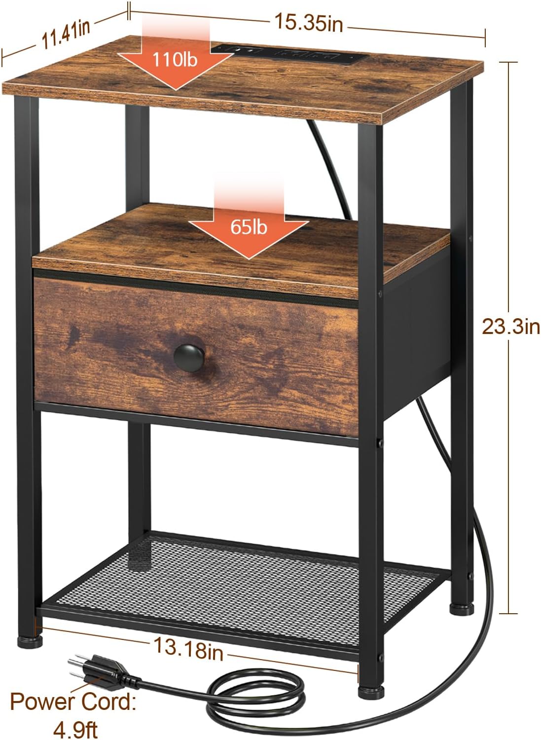 Alternative view of LOAKEKEL Night Stand Set 2, Nightstand with Charging Station, End Tables Living Room with Fabric Drawer for Small Spaces, Bed Side Tables with Storage Shelf for Bedroom, Rustic Brown HETS010PBR