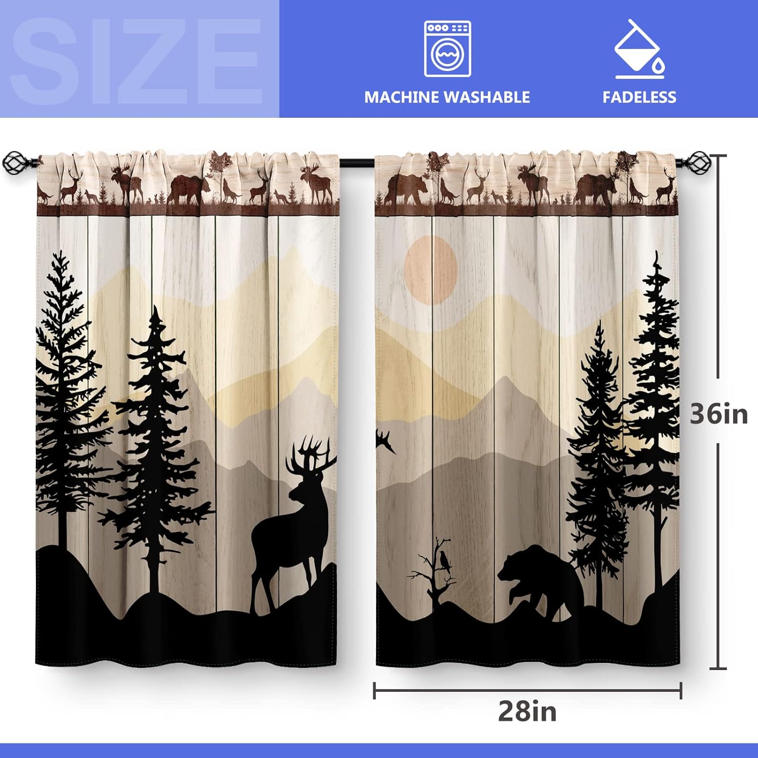 Kitchen Curtains - Forest Sunset Country Rustic Farmhouse Short Cafe Tier Curtains for Dining Room, Sink, Retro Tree Bear Deer Rod Pocket Window Drapes, 36 Inch Length, 2 Panels