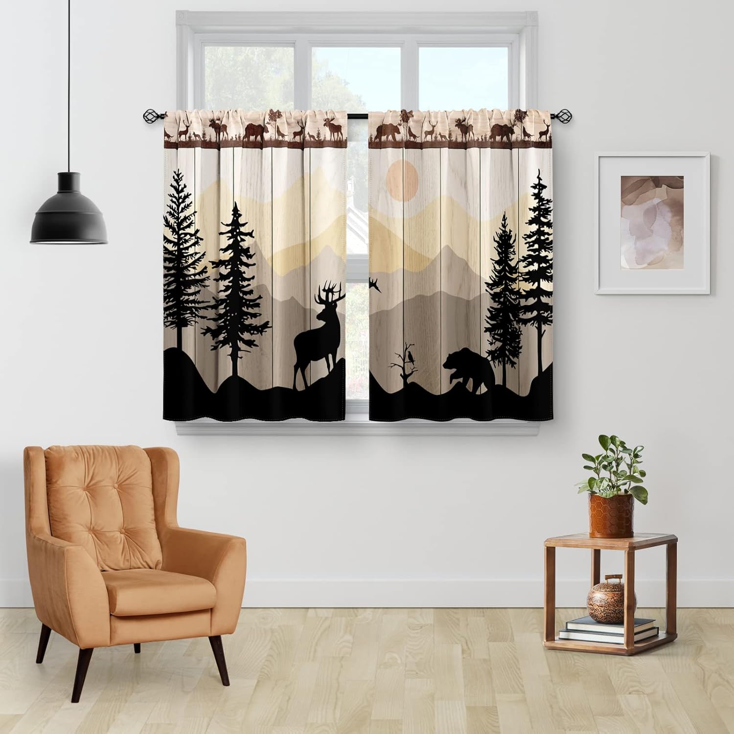 Alternative view of Kitchen Curtains - Forest Sunset Country Rustic Farmhouse Short Cafe Tier Curtains for Dining Room, Sink, Retro Tree Bear Deer Rod Pocket Window Drapes, 36 Inch Length, 2 Panels