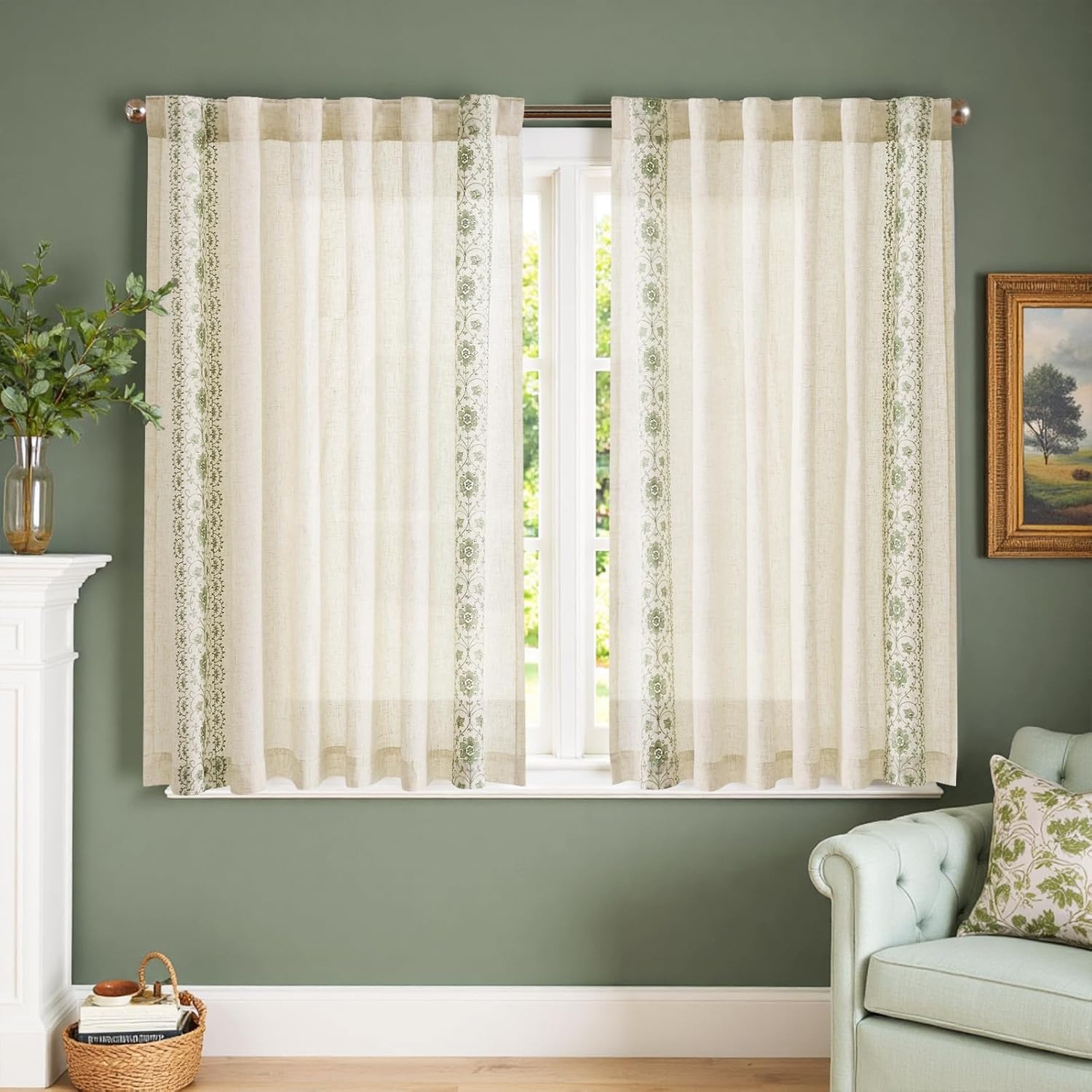Alternative view of jinchan Small Window Curtains 45 Inch Length Linen Cafe Curtains for Kitchen Bathroom Bordered Floral Embroidered Short Drapes Rustic Farmhouse Light Filtering Curtain Set 2 Panels Green on Beige