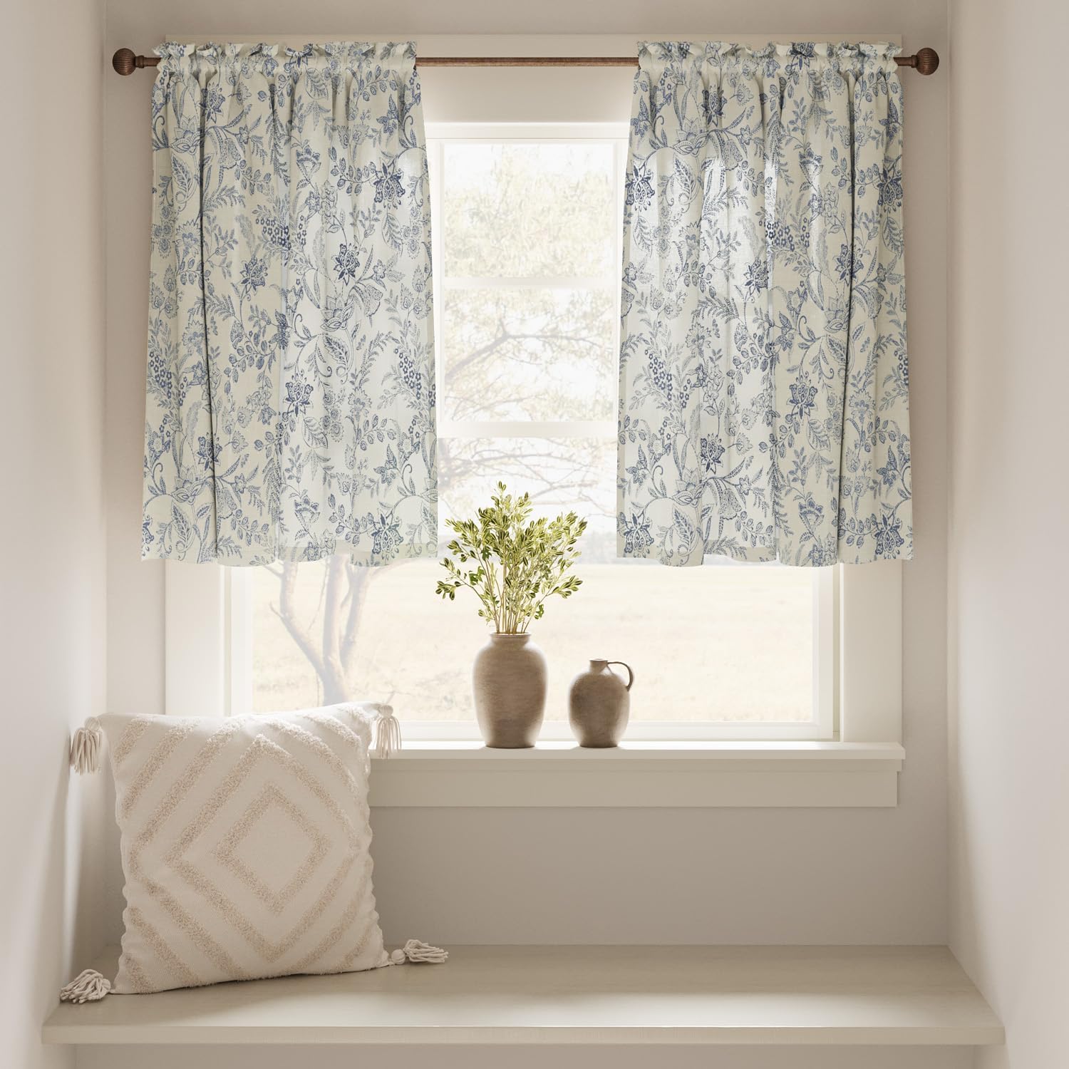 Alternative view of jinchan Floral Kitchen Curtains for Windows 36 Inch Linen Tier Farmhouse Cafe Curtains Country Botanic Small Window Rod Pocket Rustic Flax for Laundry Bathroom RV 2 Panels Blue on Beige
