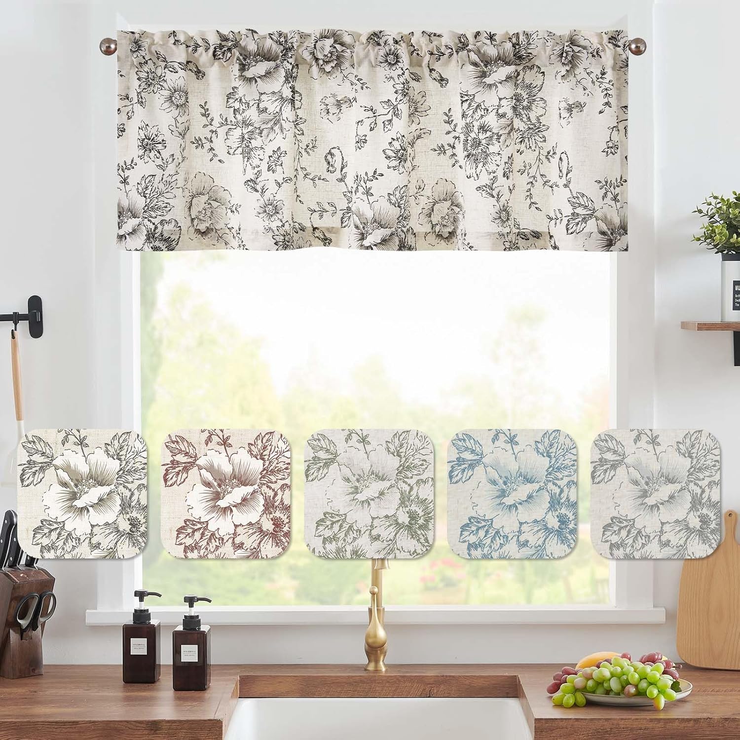 Vangao Linen Valance Curtain Farmhouse Black Floral Window Valance for Bedroom, 16 Inch French Country Flower Small Drapes for Kitchen Light Filtering Window Treatments Rod Pocket 1 Panel