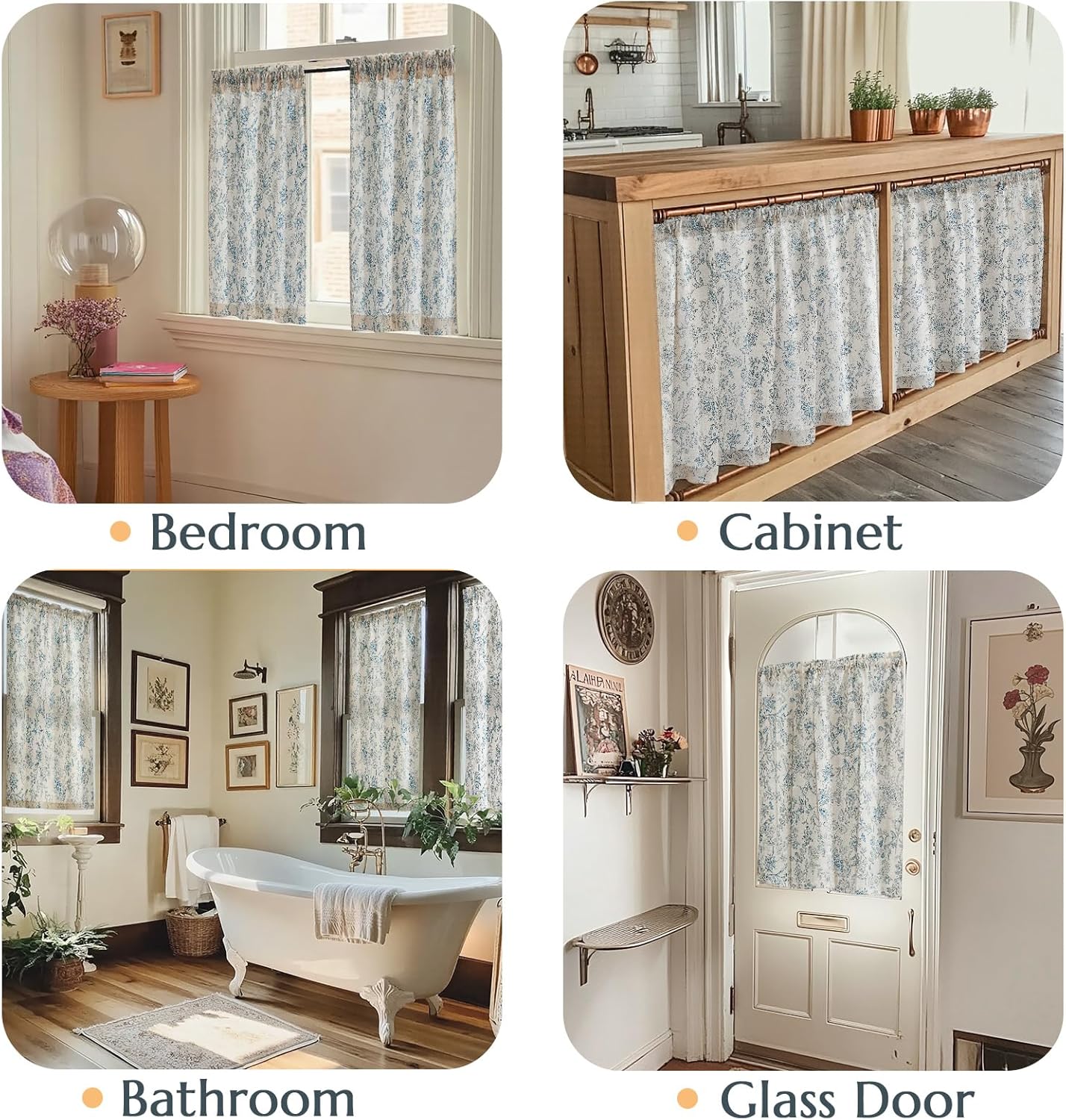 jinchan Floral Kitchen Curtains for Windows 36 Inch Linen Tier Farmhouse Cafe Curtains Country Botanic Small Window Rod Pocket Rustic Flax for Laundry Bathroom RV 2 Panels Blue on Beige - Image 4